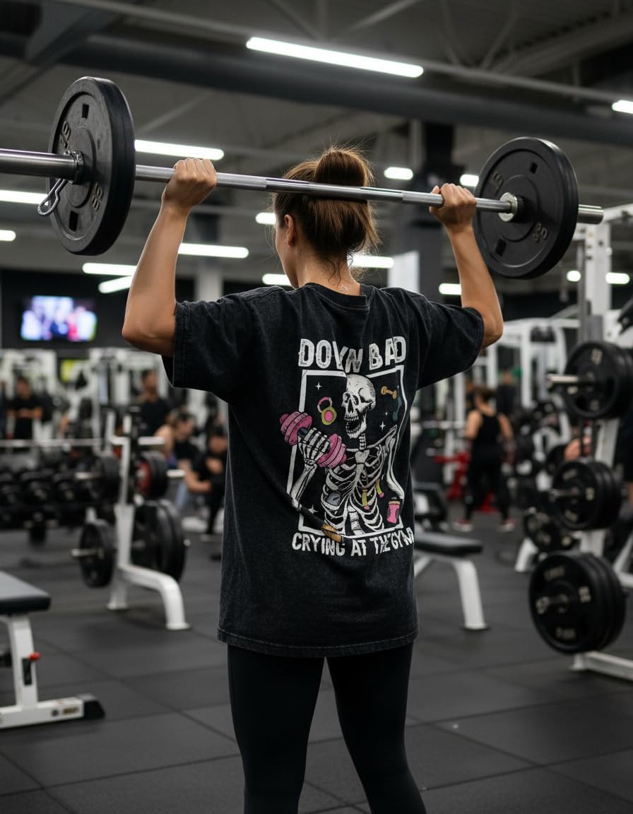 Funny Gym Shirts for Women-Down Bad Crying at The Gym - Novelty and Fun Design, Washed Heavyweight Cotton Gym t-Shirt