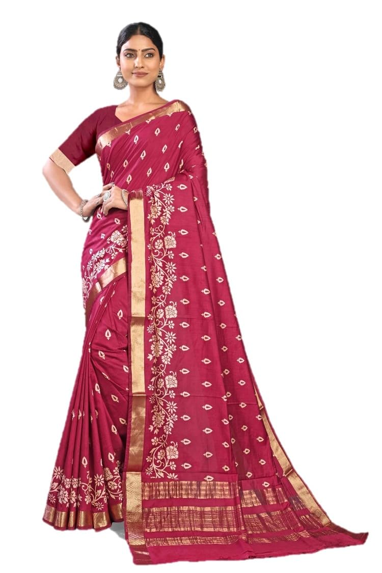 KAJREE Cotton Silk Block Print Saree (Red)