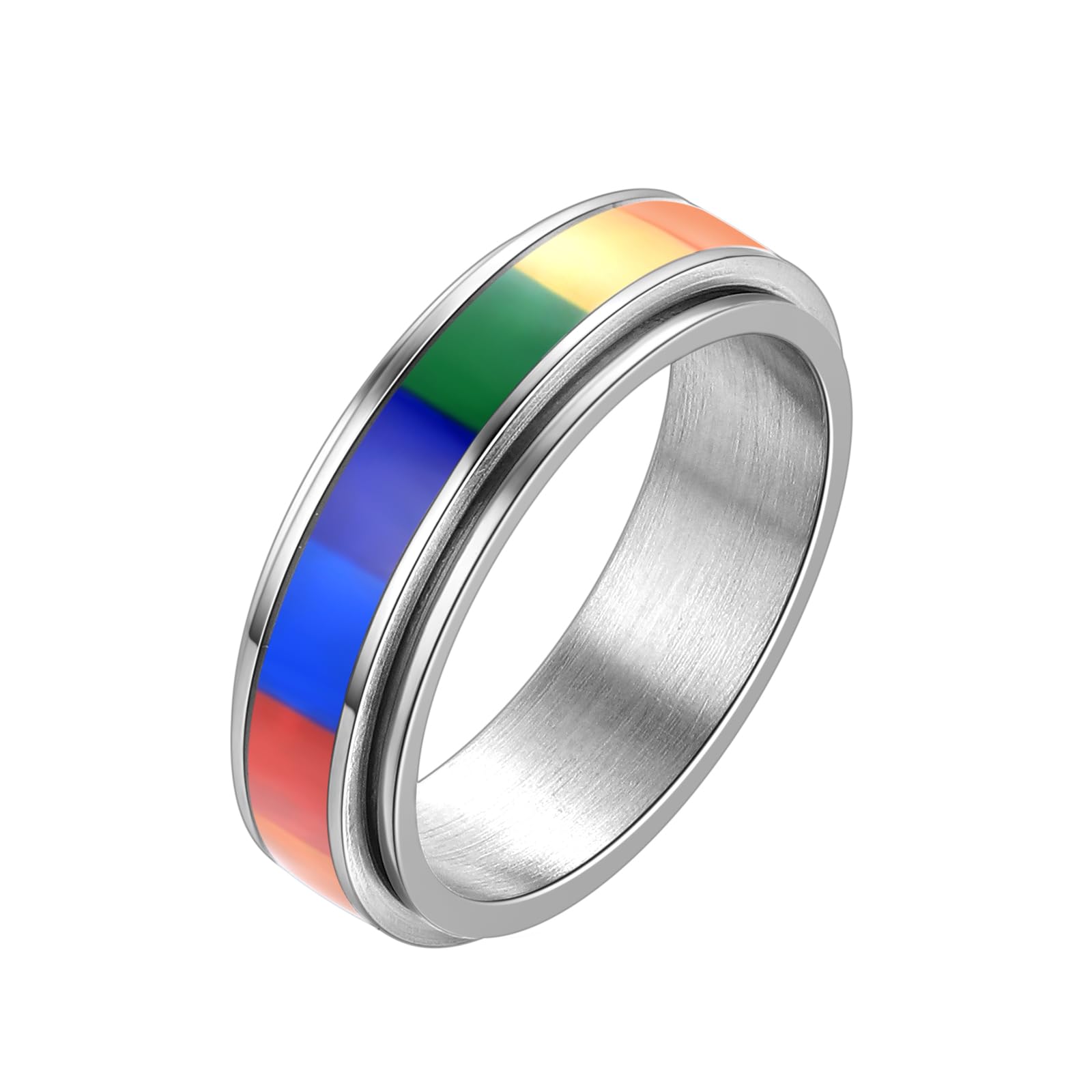 HIPUNK Rainbow LGBT Pride Ring - Stainless Steel Enamel Lesbian Gay Bisexual LGBTQ Pride Month Wedding Engagement Band Rotatable Unisex Colorful CZ