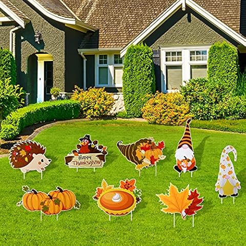 YAIKOAI 8 Pieces Thanksgiving Yard Signs, Fall Yard Sign with Stake, Gnome Turkey Pumpkin Outdoor Lawn Decor Signs Supplies Cover