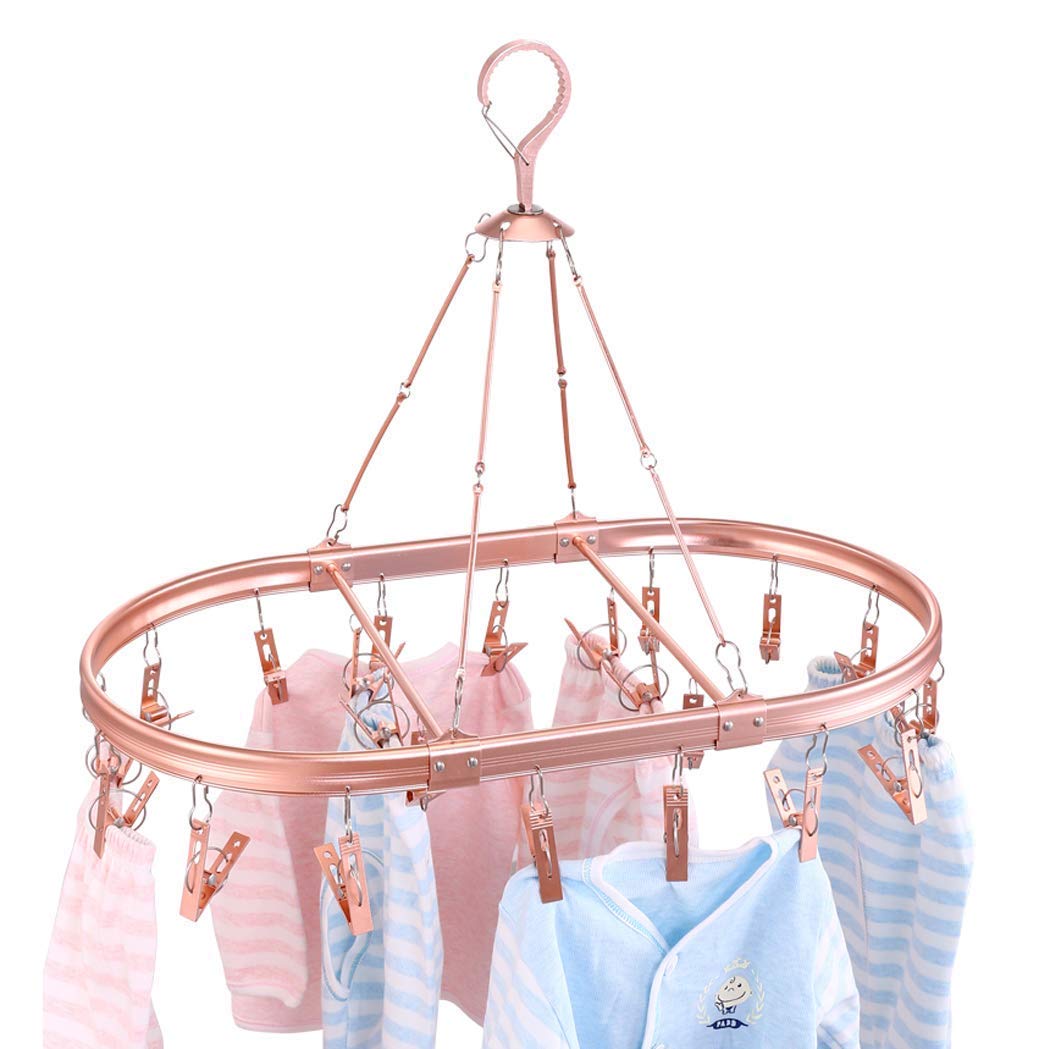 Étendoir suspendu rotatif en aluminium avec 22 pinces pour chaussettes et sous-vêtements rose gold