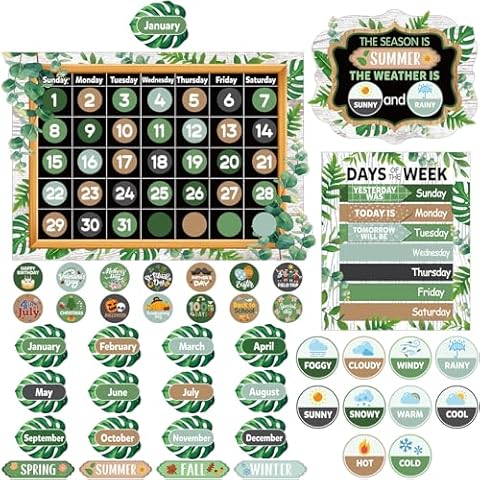 Tenare Calendar Bulletin Board Set, Calendar Seasons Weather Chart Bulletin Board and Classroom Display with Stickers for School Classroom Bedroom Wall Decoration (Plants Style) Cover