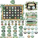 Tenare Calendar Bulletin Board Set, Calendar Seasons Weather Chart Bulletin Board and Classroom Display with Stickers for School Classroom Bedroom Wall Decoration (Plants Style)