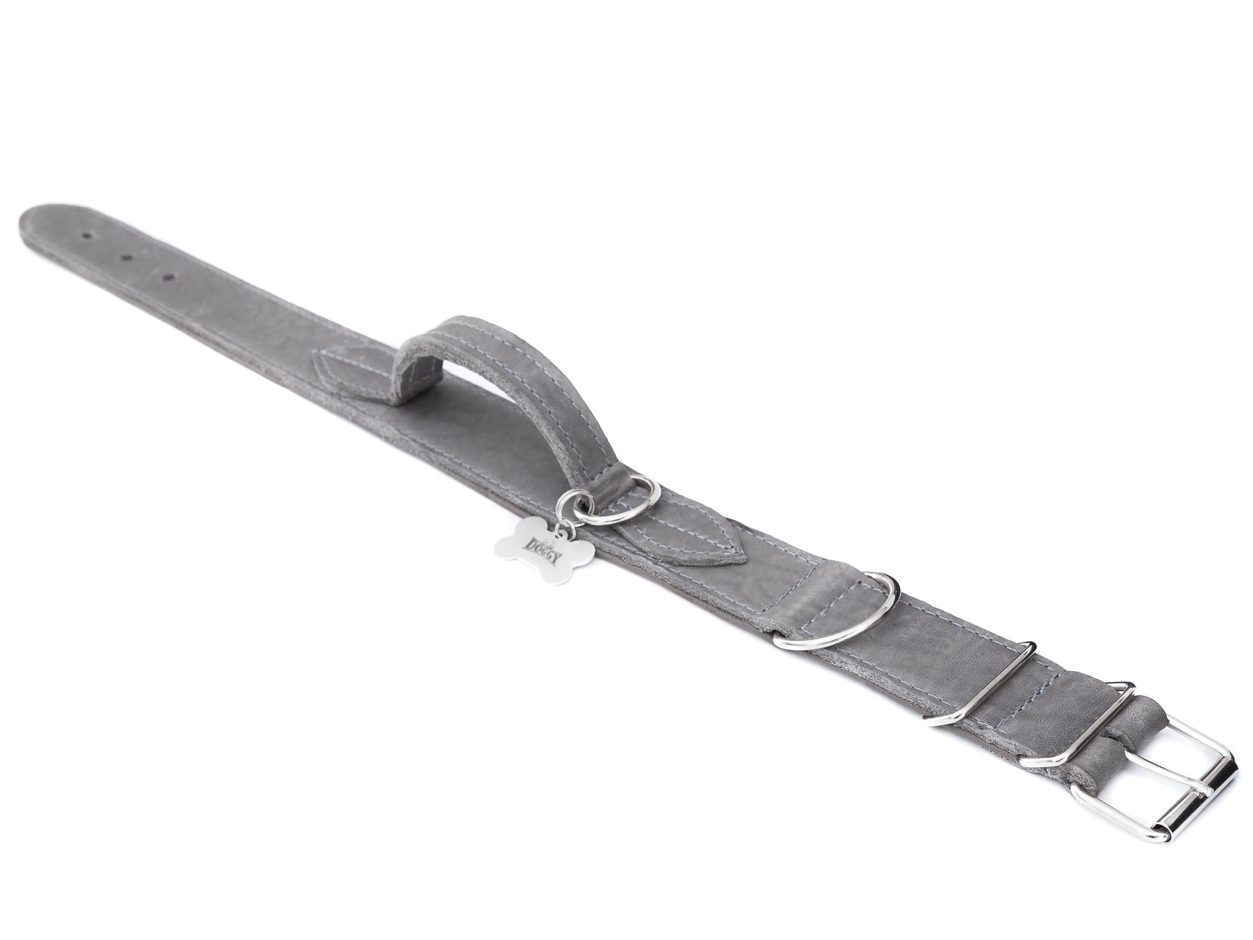 Collier pour chien en cuir avec poignée - Collier en cuir pour chien - Collier avec boucle en métal - Cendre - 47-54 cm