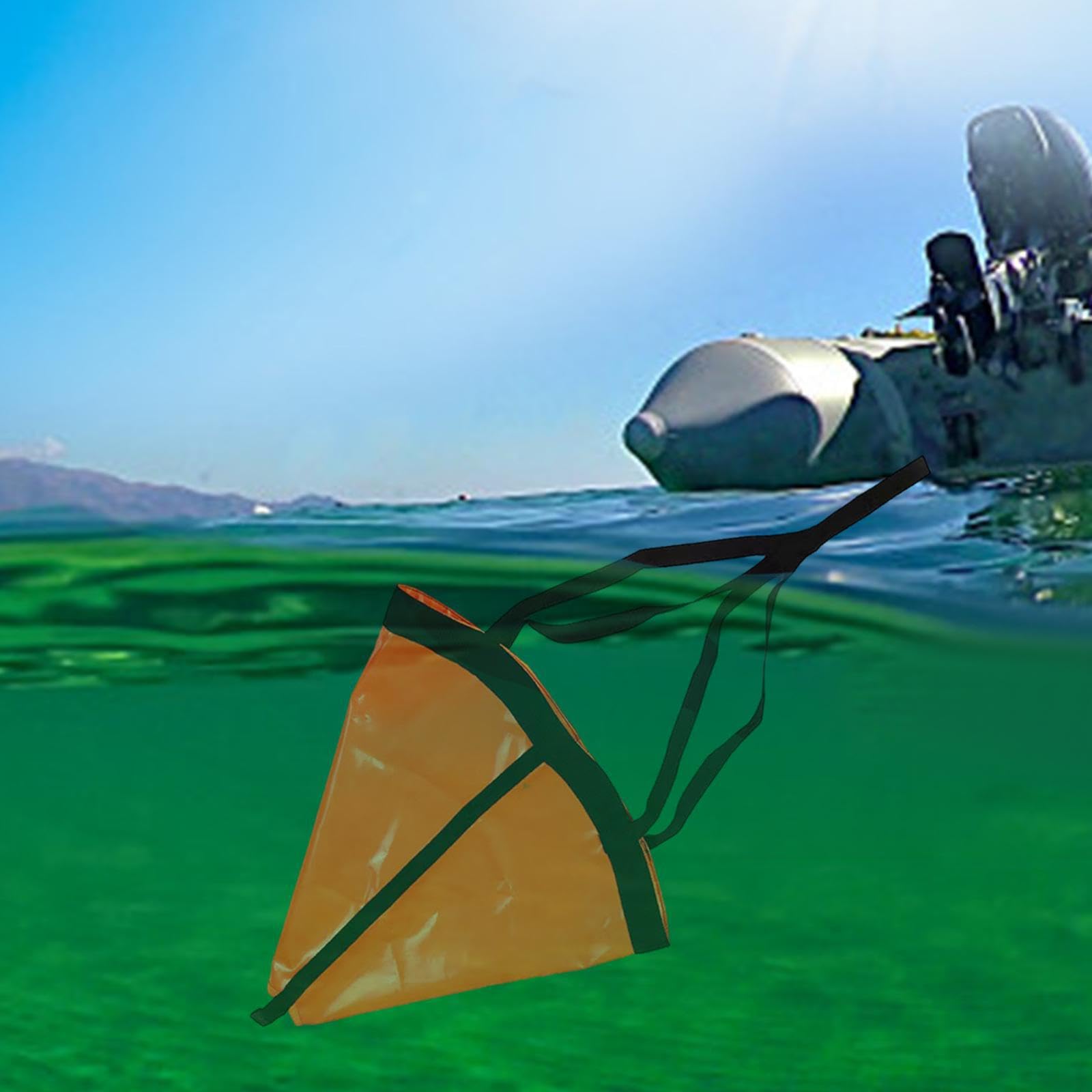 Ancora galleggiante versatile con freno a calzino per barche da pesca, canoa, barche a motore, o kayak. L'ancora galleggiante è realizzata in resistente tessuto di PVC