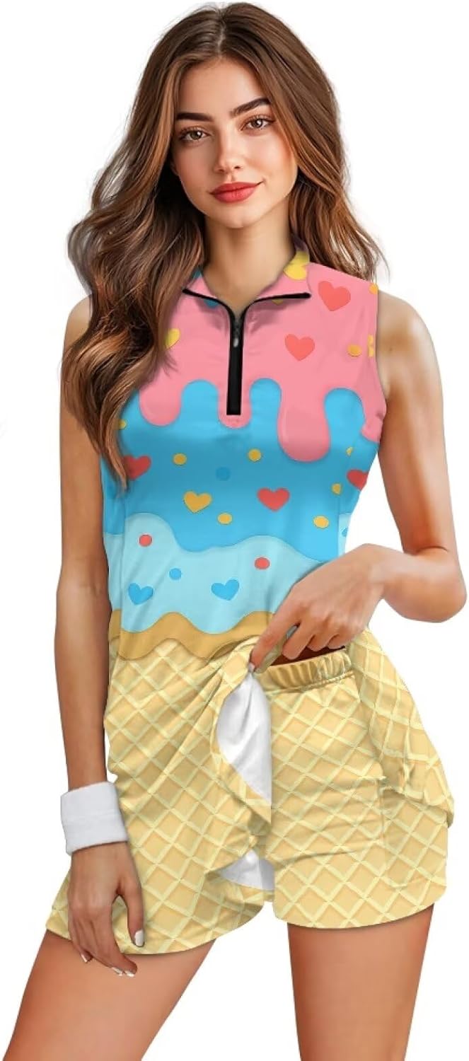 Women's Golf Dress with Shorts 2 Pieces Sleeveless Quarter Zip Tennis Dress Athletic Golf Outfits XS-2XL