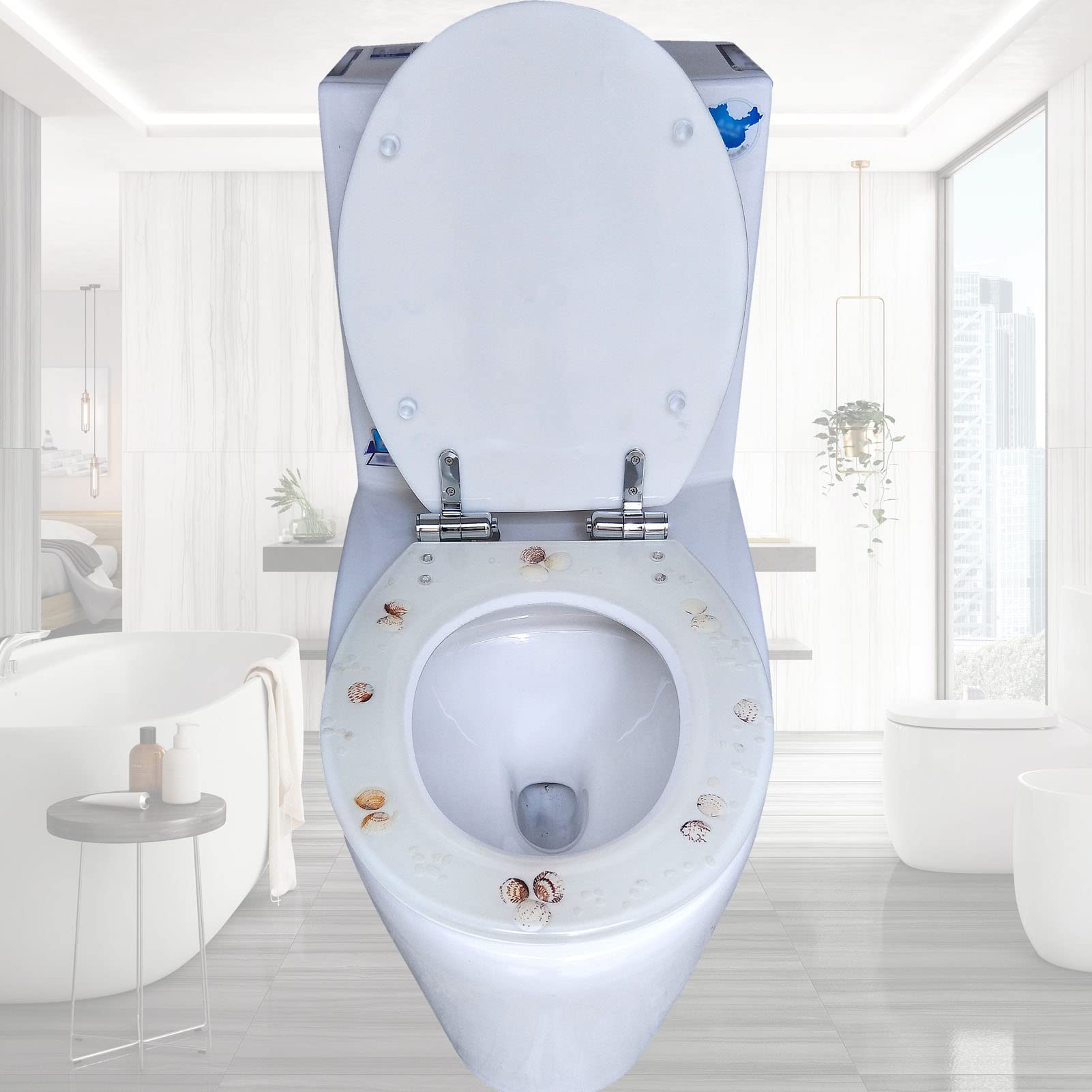 Absenkautomatik, Toilettensitz, leise schließen, robuste Kunststoffschüssel, rutschfeste Stoßstangen, einfache Installation für längliche runde offene Fronttoiletten, verstellbar, leicht, langsam