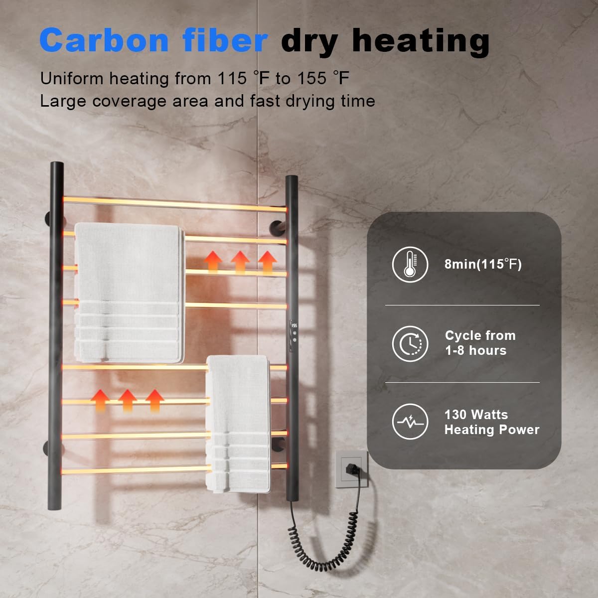 MENATT Heated Towel Rack with 1-8 Hours Timer, Wall Mounted Towel Warmer Rack for Bathroom,8 Bars Heated Towel Rack Adjustable Temperature (Matte Black)