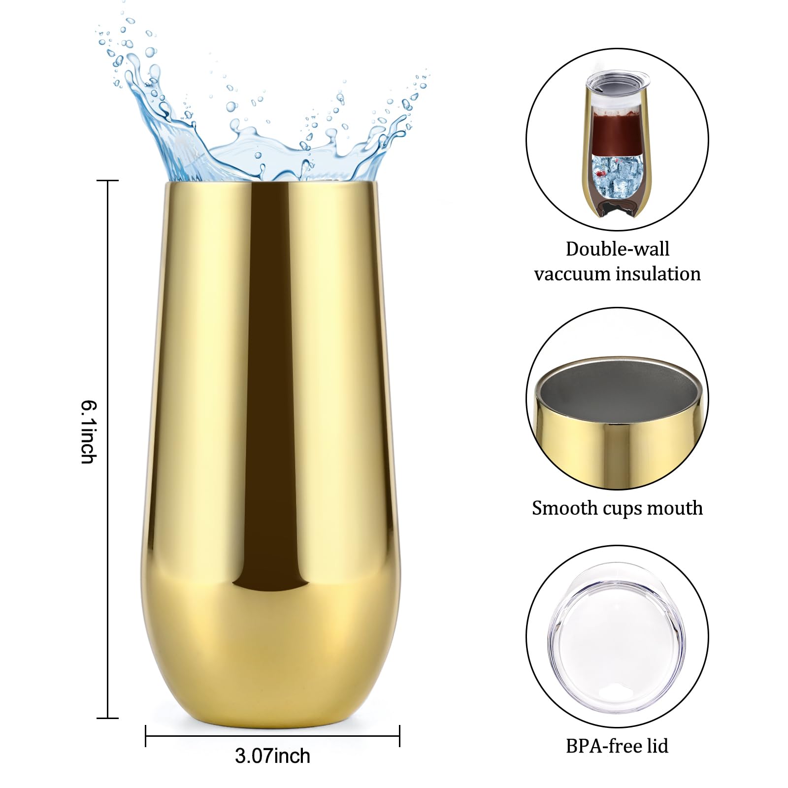 Lifecapido Lot de 12 flûtes à champagne isothermes sans pied en acier inoxydable pour fête d'anniversaire, mariage, Noël, 355 ml, plaqué or