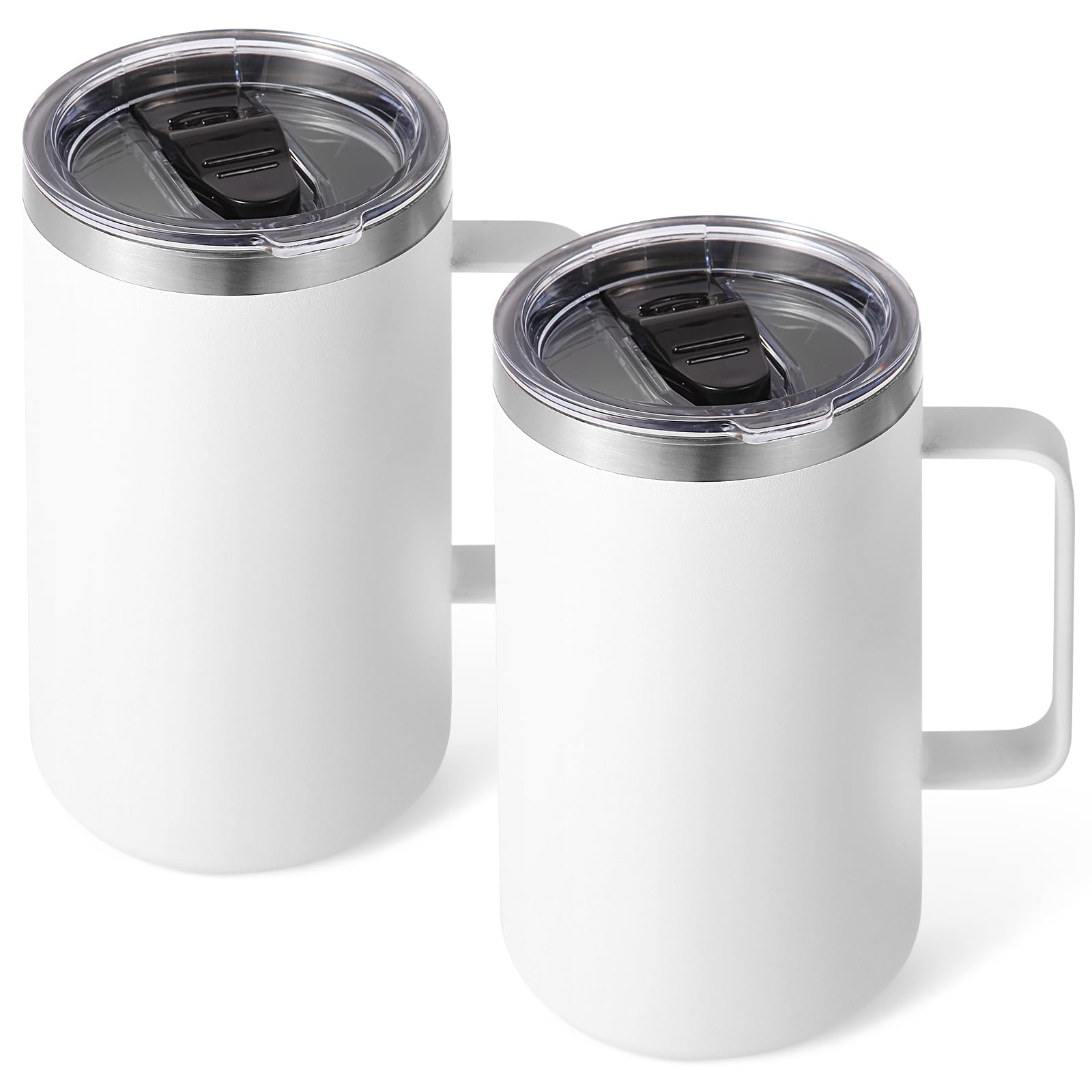 Volhoply 650ml (22oz) Insulated Coffee Mug with Lid and Straw, Stainless Steel Travel Mugs with Handle, Double Wall Vacuum Coffee Tumbler for Hot and Cold Drinks (White,2 Pack)