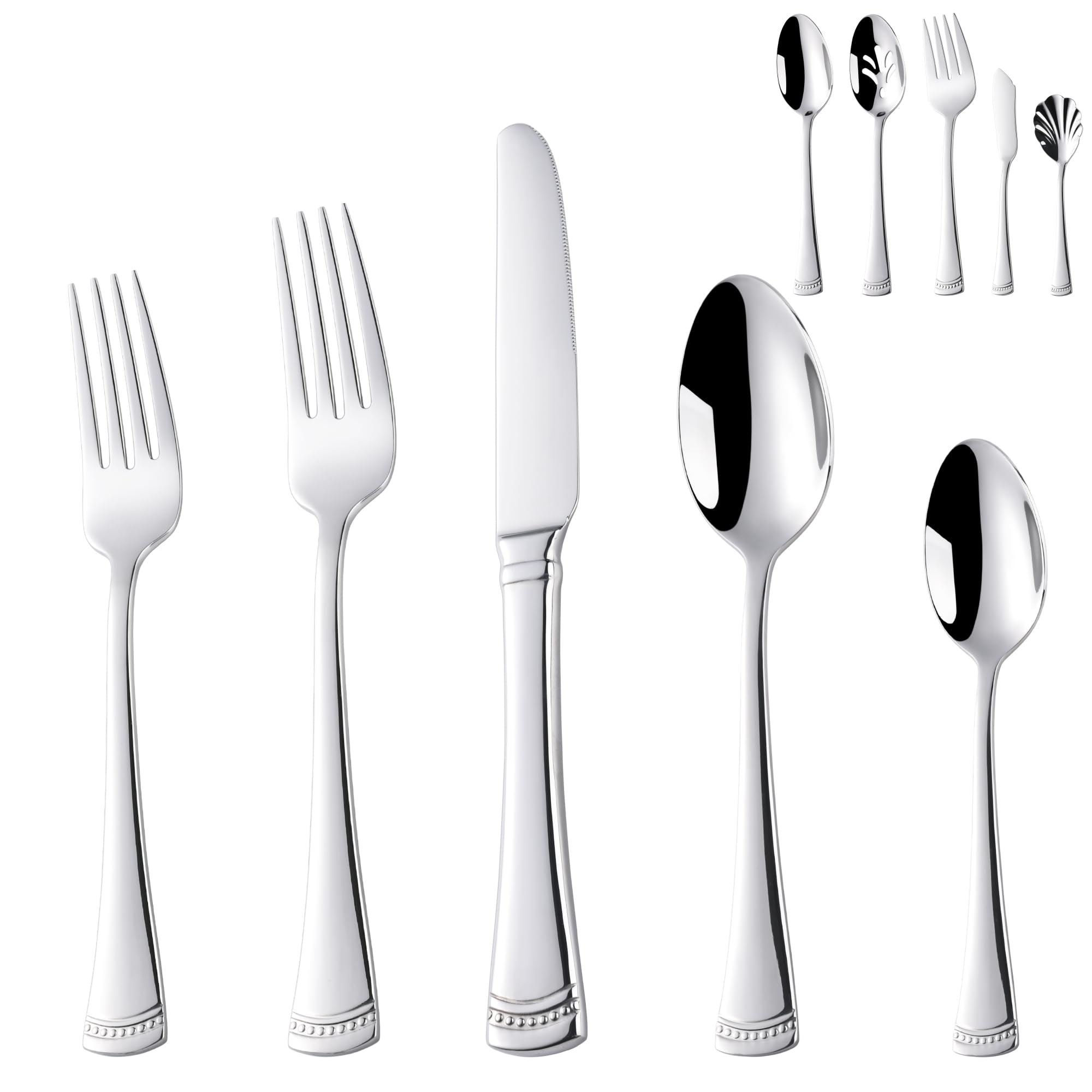 Photo 1 of 18/10 Stainless Steel Flatware Set for 12, 65-Piece Weighted Silverware Set with Serving Utensils Set, Modern Silverware Knives Forks Spoons, Ideal for Home Wedding Party
