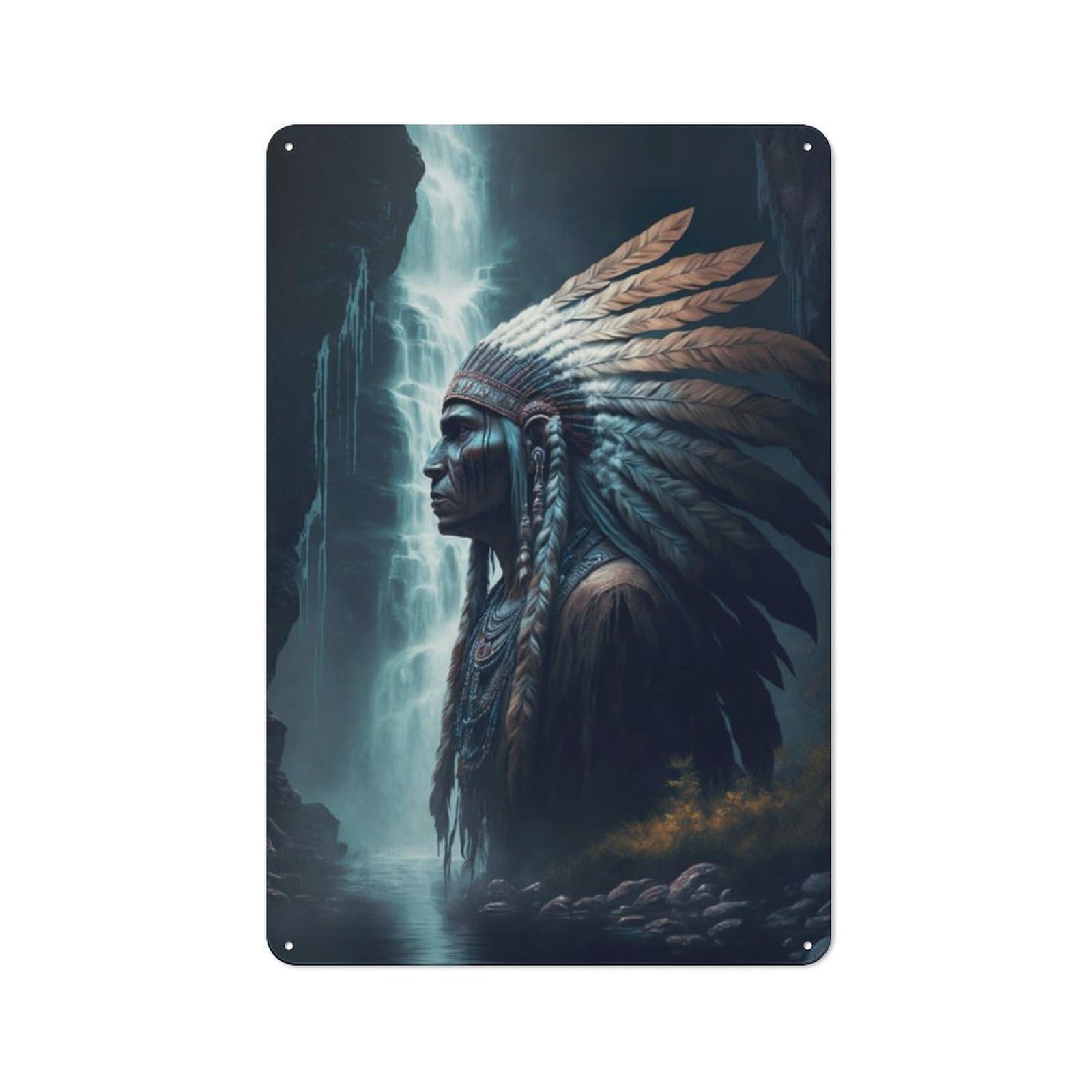 Retro Metal Sign with Native American Warrior with Feather Headdress Design 30x20cm, Distressed Look Retro Room Decor for Living Room, Hallway, Kitchen Or Cafe