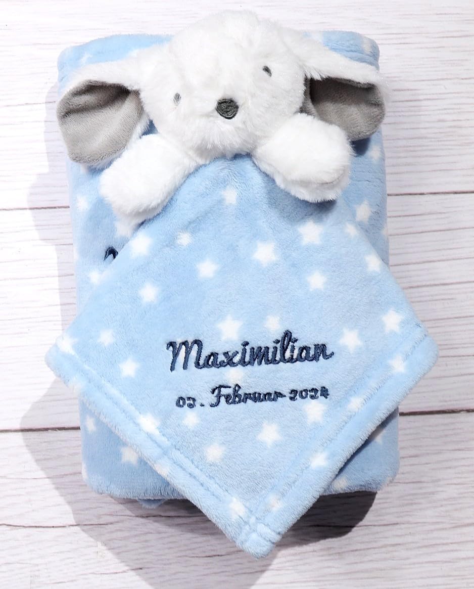 BotoBaby GESCHENKSET Babydecke mit Namen und Datum Bestickt + Schmusetuch mit Namen - Geschenk - Geburt - Taufe (Blau - Hase)