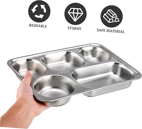 Miniatura 7 de Tofficu 1 juego de placa de almacenamiento de alimentos dividida de acero inoxidable cinco platos Bento para niños y niñas, almuerzo, campamento y