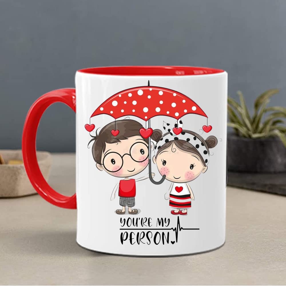 You are My Person Red Handle White Ceramic Mug- Valentines Day Anniversary Love Gift for Girlfriend Boyfriend Husband Wife Fiancee