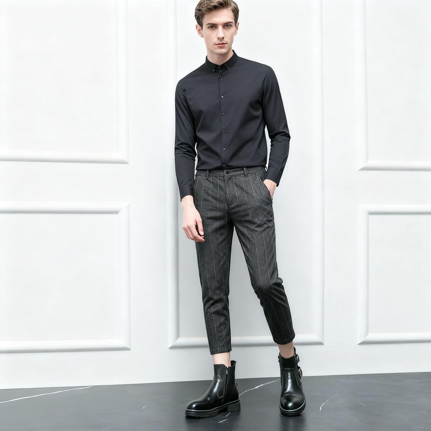 Men'S Leather Platform Chelsea Ankle Boots With Side Zipper Stylish Pointed Toe Double-Buckle Non-Slip High-Top Short Boots Casual Business Work Party Dress Boots