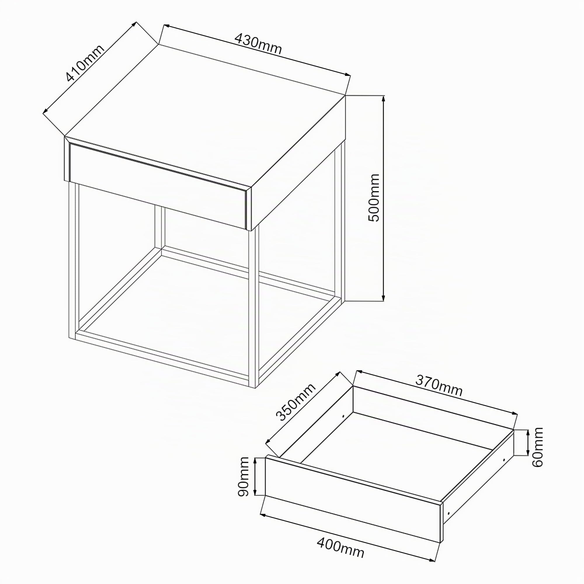 [en.casa] Comodino in Acciaio con Cassetto Tavolino Laterale per Letto Tavolino da Divano Mobiletto Notturno Moderno Industriale 50 x 43 x 41 cm Bianco Opaco