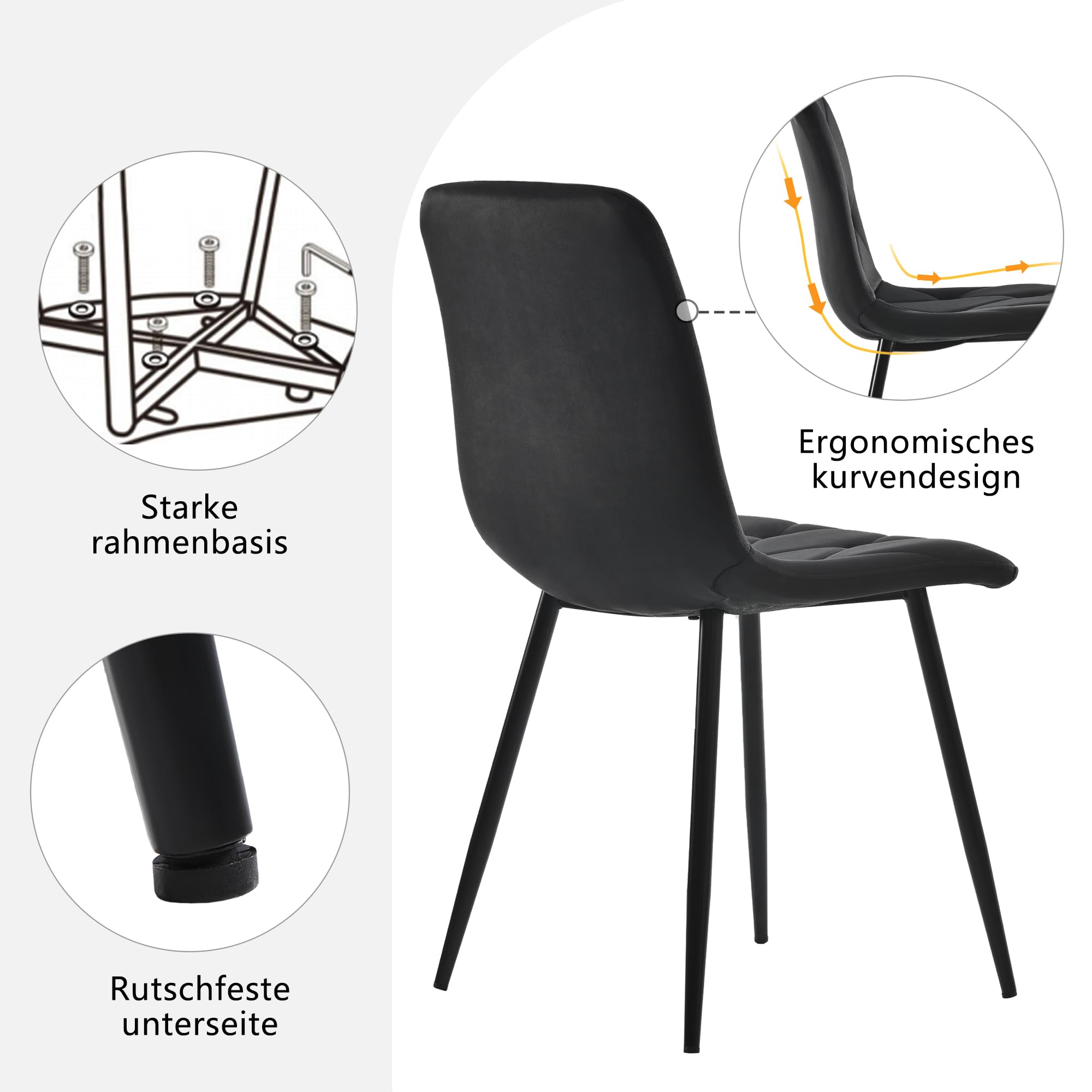 LAKFEW Esstisch mit 4 Stühlen, Esszimmerstühle 4er Set mit 115.5 x 100 cm Marmor-Esstisch und 4 Esszimmerstühle, Essgruppe Tisch und Stühle Set, Küchenmöbel, Schwarz
