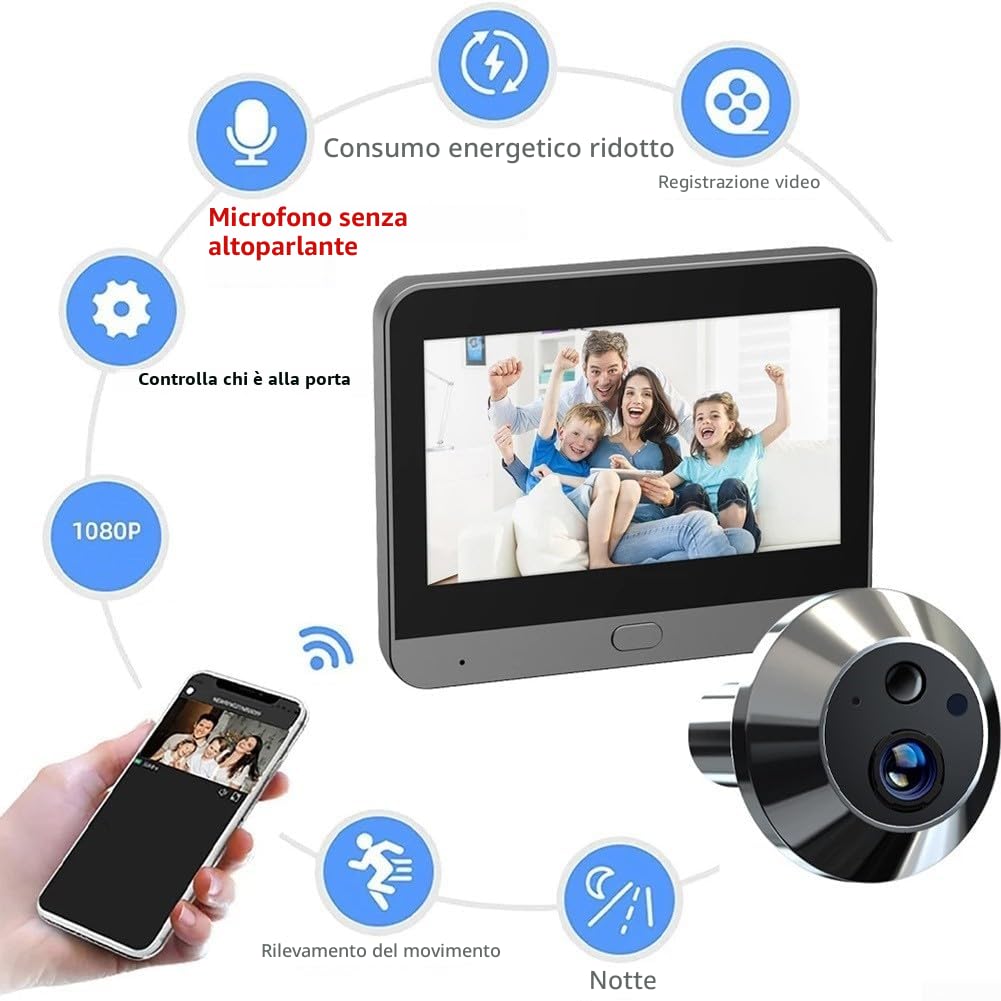 Spioncino visivo senza fili interattivo con tecnologia sensore PIR per avvisi di rilevamento automatico del movimento