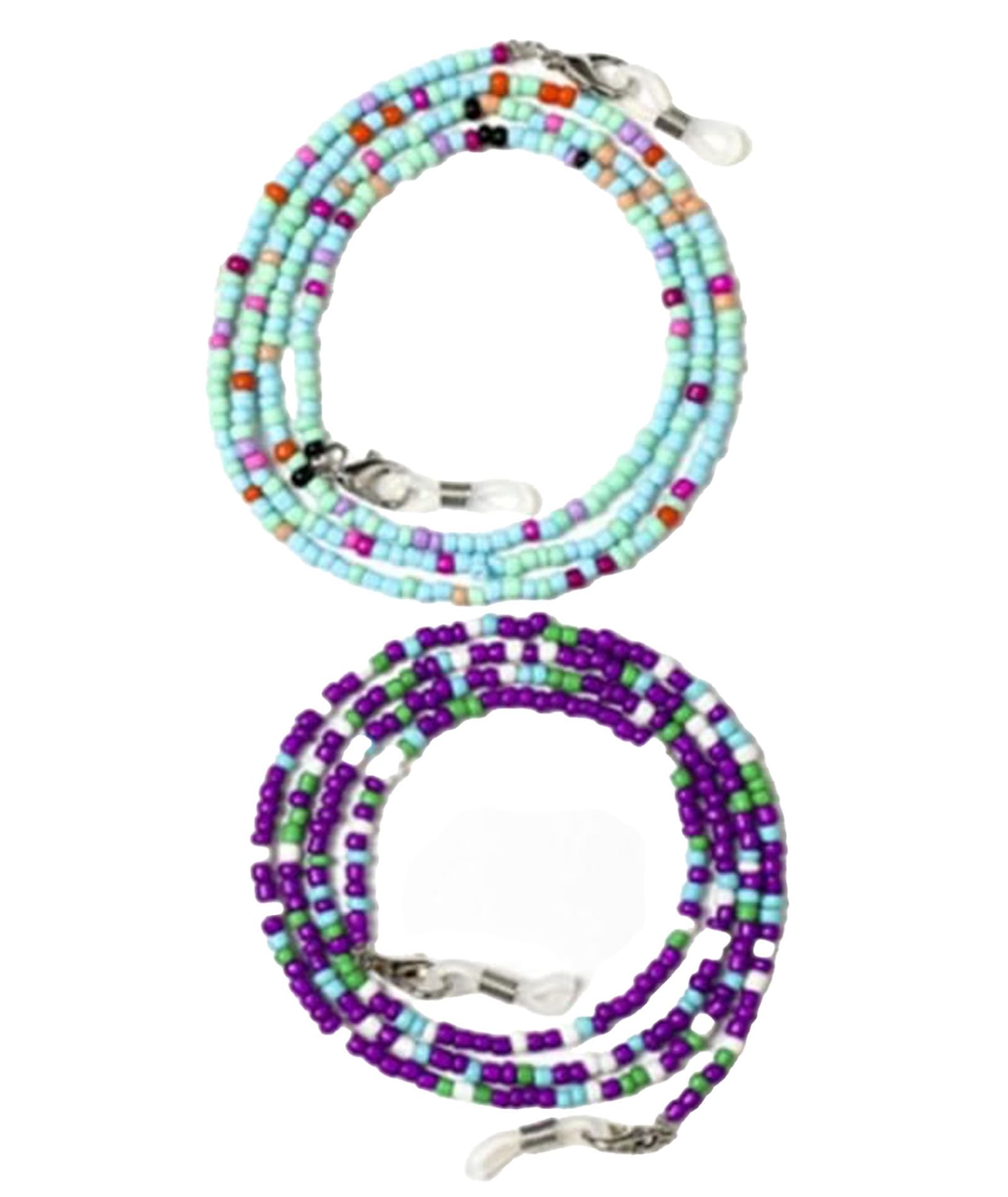 2PCS Spectacle Chain for Women, Stylish Eyeglass Strap with Colorful Beads, Stable and Fashionable Eyewear Accessory for Gym, Office, Casual Outings, Blue and Purple, Glasses for Women