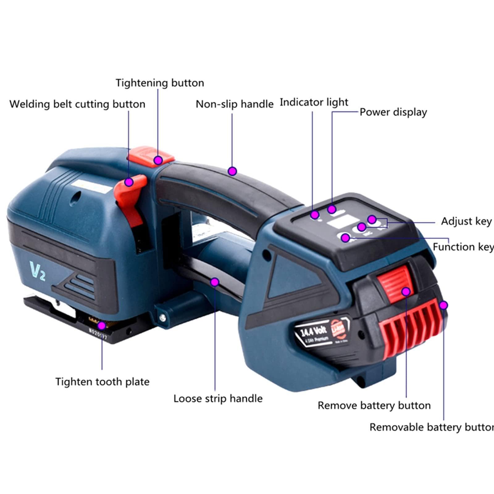 Reggiatrice, Reggiatrice elettrica con strumento schermo LCD, Pressa per balle portatile per reggette in PP PET da 13-19 mm, Alimentata a batteria da 4000 mAh, Reggiatrice automatica