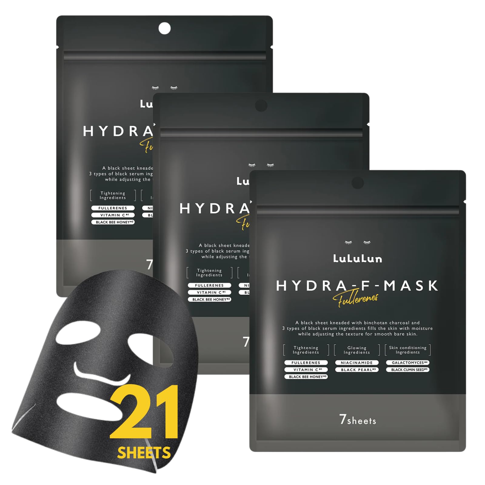 Lululun Exfoliating Face Mask for Dry Skin & Sensitive Skin, 21 EA Charcoal Face Mask for Pores Cleansing & Sensitive Skin with Black Pearl, Honey &