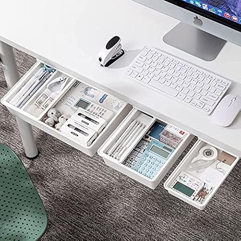 Jucoan 3 Pack Under Desk Drawer, Self-Adhesive Desk Organizer Drawer, Hidden Drawer Pencil Tray, Add a Drawer Under Table Easily, Attachable Desktop Organizer for Office School Home Desk, White Cover