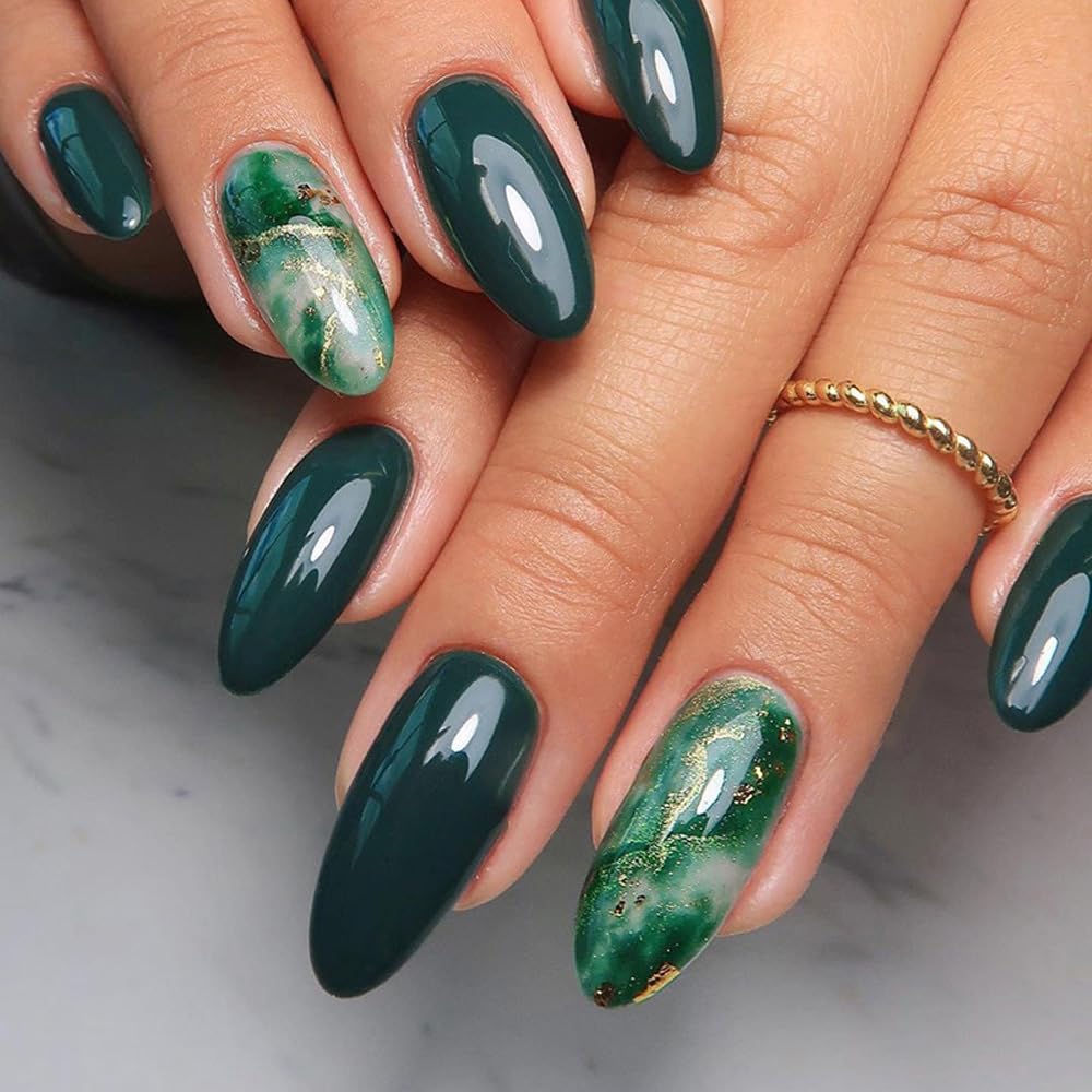 ANDGING Green Press on Nails Almond Short Medium Marble fake on Nails with Glitter Gold Design Fake Nails for Wedding Birthday Gel Acrylic False Nails