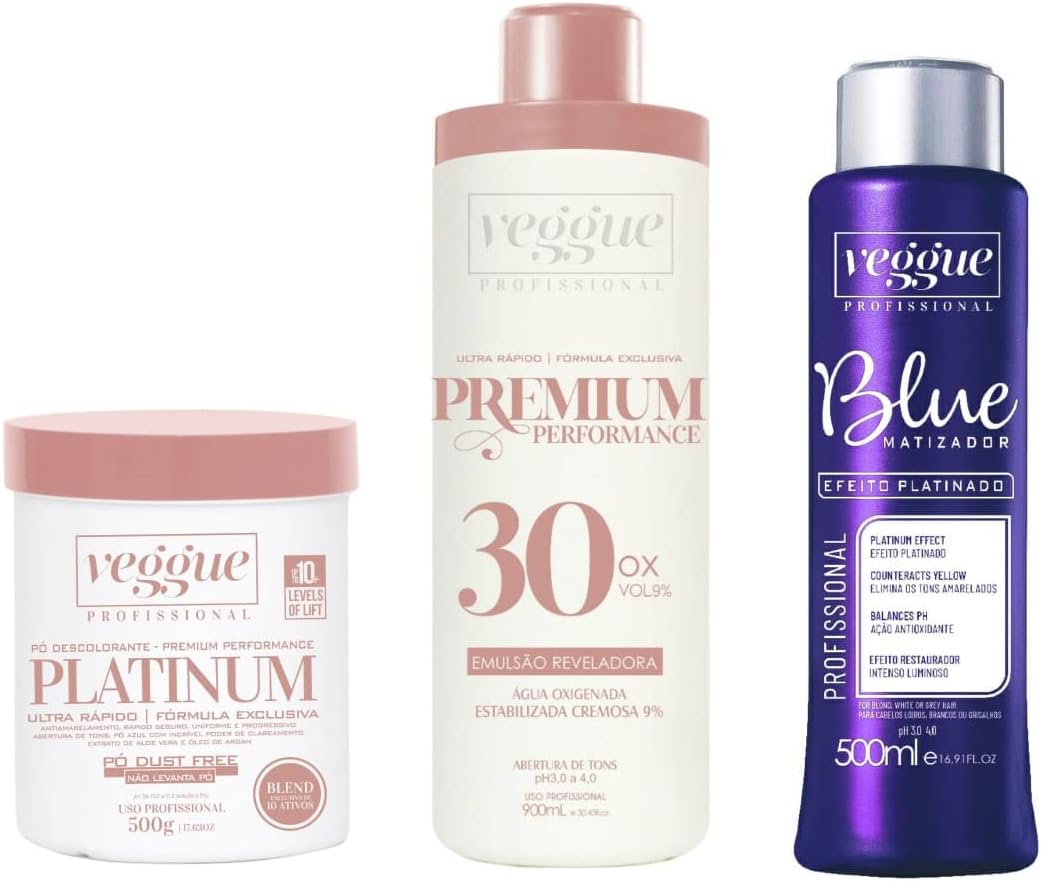 Kit Pó Descolorante Azul Premium, Água Oxigenada 30 Volumes e Matizador Blue Platinado, Veggue Profissional