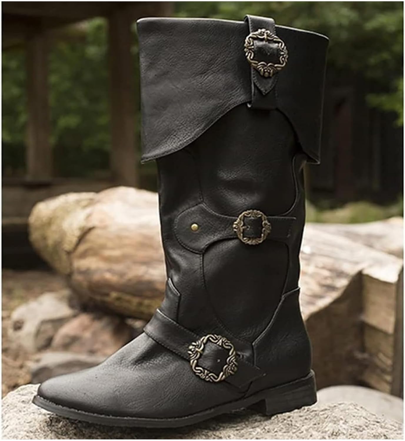 Mittelalterliche Ritterstiefel für Erwachsene Cosplay - Retro Langschaft Leder Manschettenschuhe - PU Leder Stiefel Renaissance Plus Size Stiefel Schuhe mit Gürtelschnalle,Schwarz,45