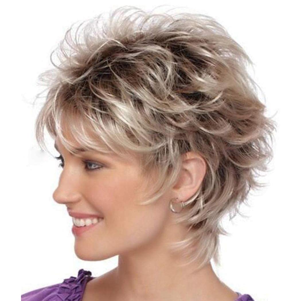 Pelucas cortas de corte pixie para mujer, pelucas de pelo completo sintético natural en capas para mujer, pelucas Ombre de cosplay de uso diario (Marrón Mezcla Gris)