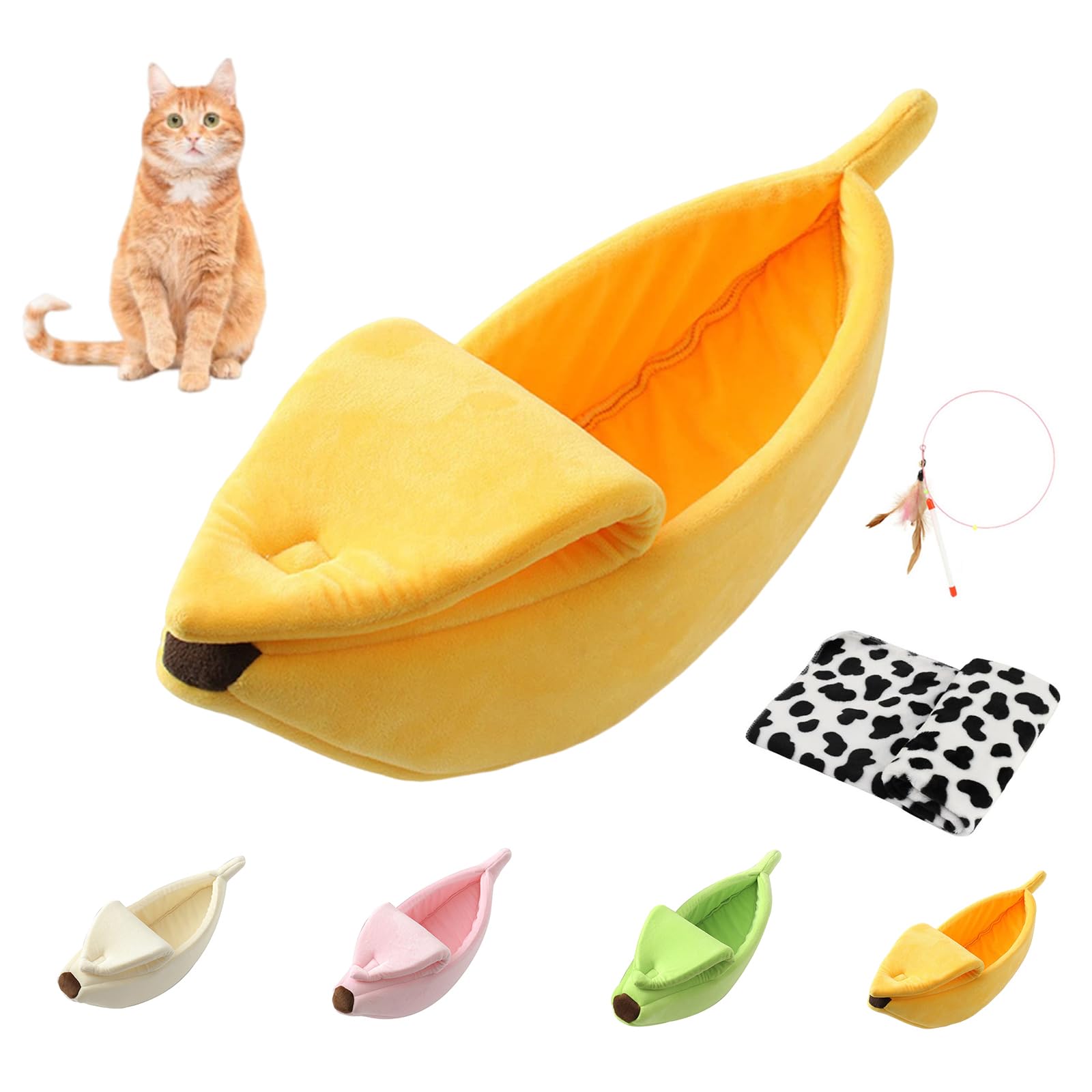Banana Bed for Cats, Creative Banana Shape Pet Bed, Cute Breathable Cozy Warming Pet Sofa Bed for Cats Small Dogs Universal in All Seasons (Yellow+Blanket, 45 * 15 * 10cm)