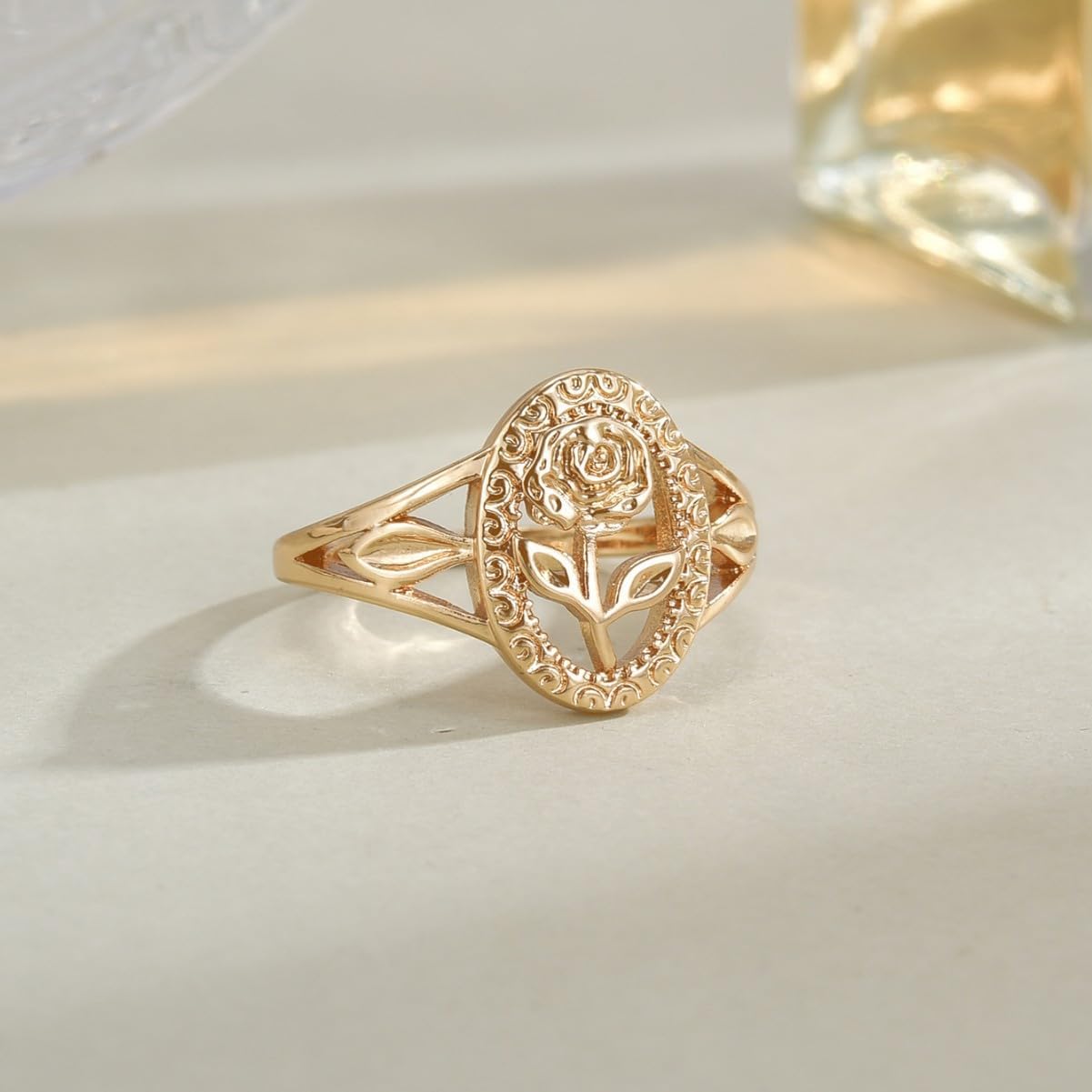 Chunky Gold Ring For Women, Trendy Rose Flower Rings Copper Daily Wear Wedding Statement Promise Engagement Party Jewelry Wife Mother Gift Birthday Valentines Mom - Image 4