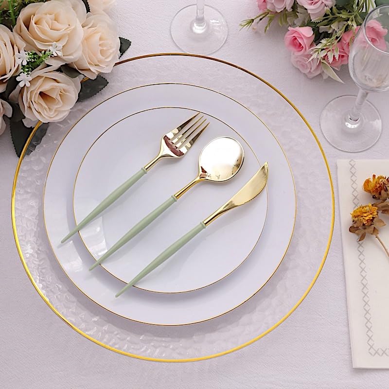 24 Metallic Gold Sage Green Disposable Plastic Cutlery Spoon Fork and Knife Set for Weddings Parties Birthdays Receptions Events Dinnerware Tableware Decorations