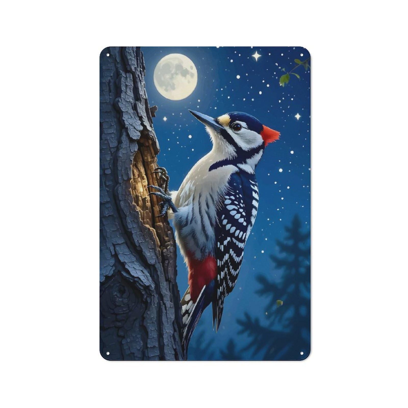 Urban Woodpecker in A Moonlit Forest Decorative Metal Plaque 30x20cm, Urban Room Decor for Flat, Bar, Studio Or Gallery Wall