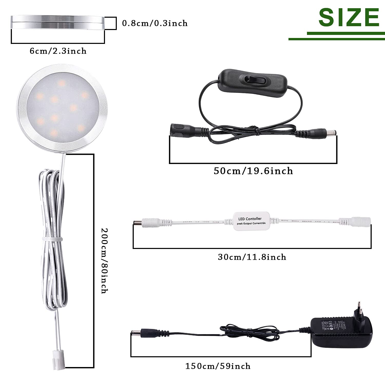 AIBOO Lampa podszafkowa LED do kuchni, 4 sztuki, z pilotem zdalnego sterowania, kabel wtykowy, 6000 K, oświetlenie szafy, lampka nocna z przełącznikiem, oświetlenie witryn kuchennych, szaf, szafki na