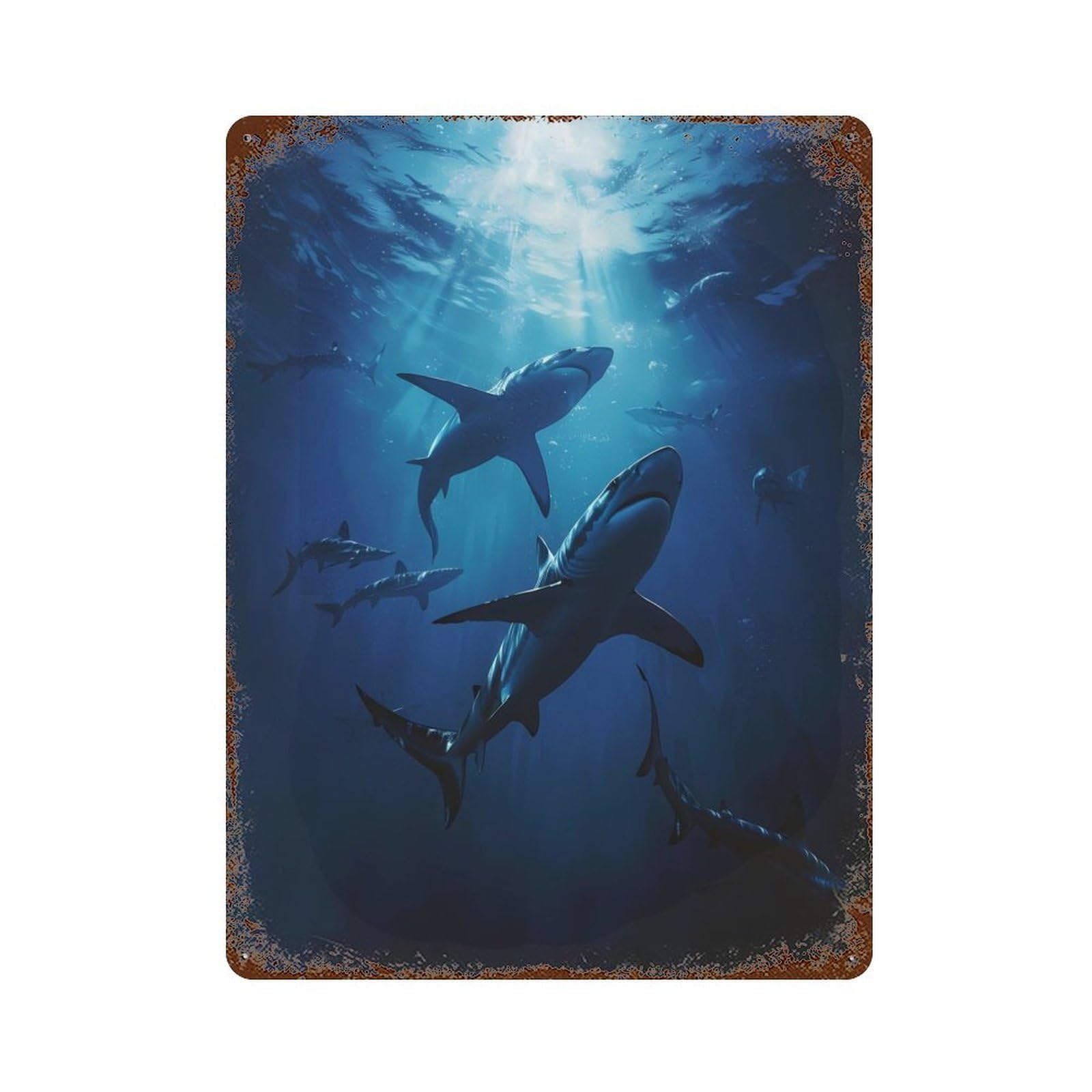 Decorative Tin Sign Group of Sharks 15.7"x11.8", Novelty Wall Decor for Shed, Workshop And Garage Wall Decor