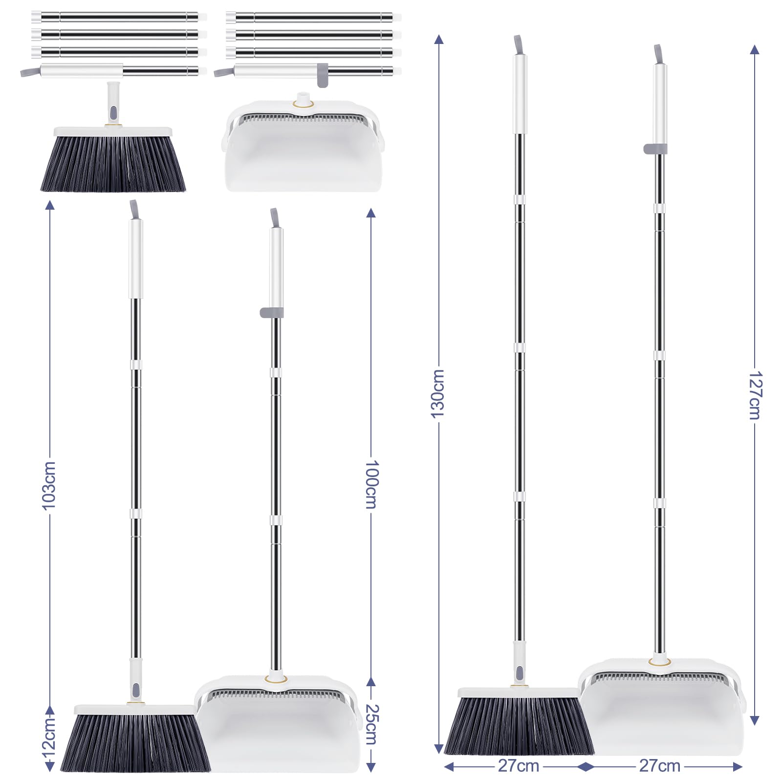 vvhippo Set di Scopa e Paletta, Scopa con Manico Lungo e Paletta Verticale, Scopa a Girevole a 180 Gradi per la Pulizia dei Pavimenti, Bianco (A) (Bianco)