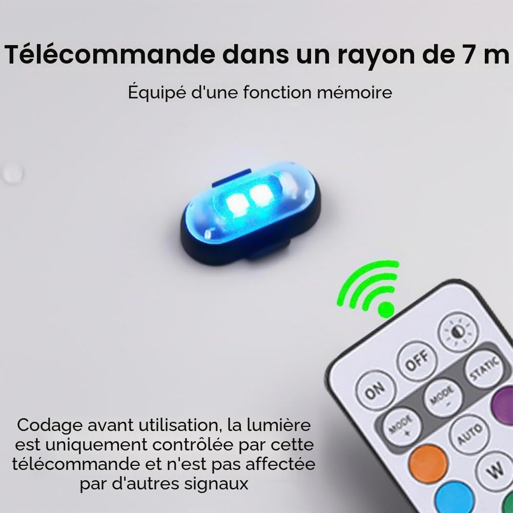 4pcs sans fil LED Flash avec télécommande 8 couleurs et 10 modes anticollision LED alarme d'urgence USB Charing imperméable à l'eau pour voiture, moto, drone, vélo (4)