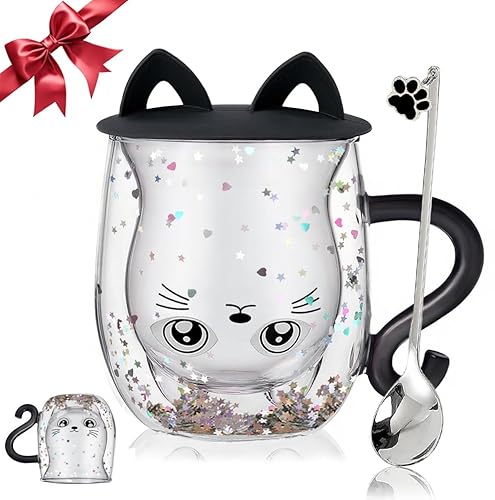 Gifts for Women Cat Gifts Double Walled Glass Coffee Latte Cup Cute Stuff Black Cat Mug Gifts for Her Christmas Stocking Fillers,Birthday,Valentines,Halloween Presents for Women,Men,Kid,Mum,Teacher - Glittery Black Cat