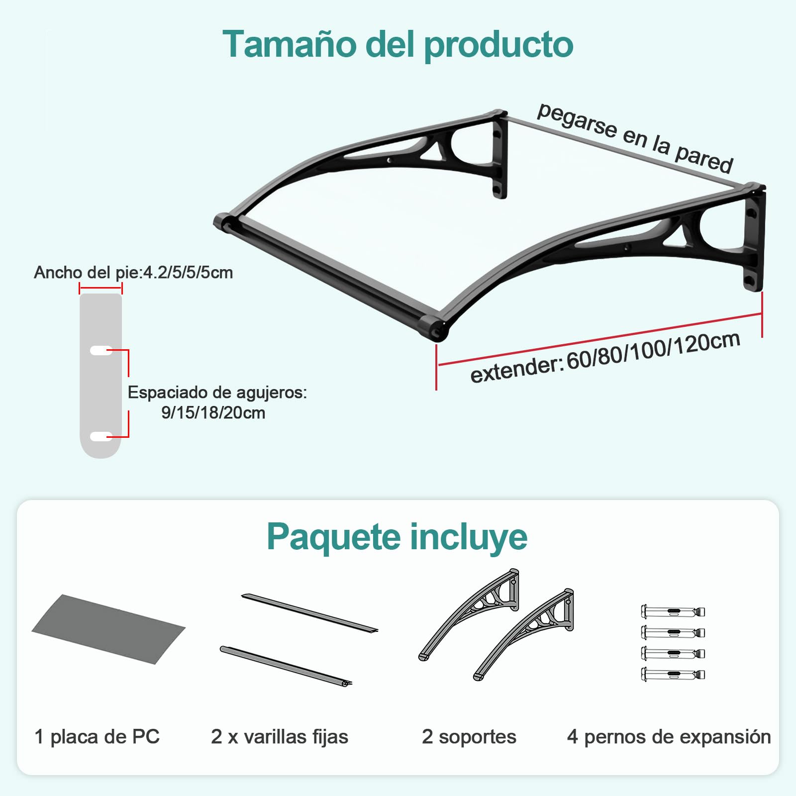 Marquesinas Exterior, Marquesina Puerta Exterior, Marquesina, Protección Solar/contra la Nieve/Lluvia, Tejadillo de Exterior para Porche/Delantero/Techo/Entrada, Instrucciones Incluidas