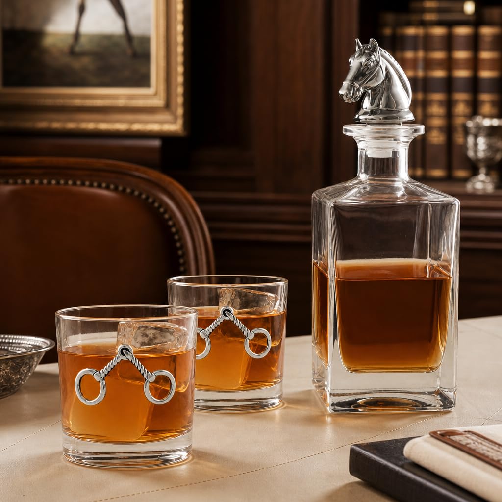 Arthur Court Dekanter-Set für Reitsport mit Whiskygläsern, 750 ml, Glaskaraffe mit Pferdekopf-Stopper, perfekt für Zuhause, Bar oder Männerhöhle