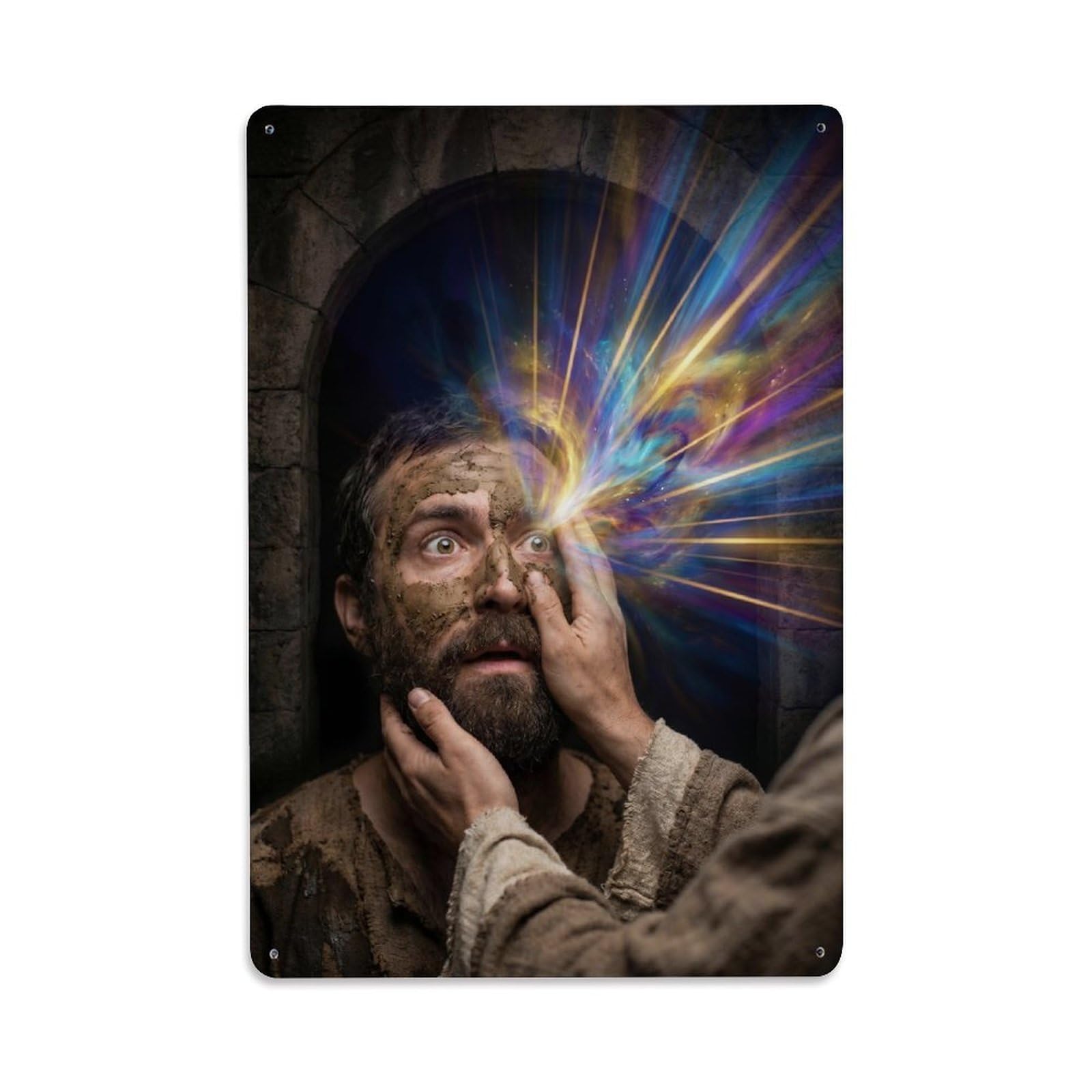 Jesus Heals Blind Man Bible Miracle Light Faith Gospel Metal Tin Sign Plaque Wall Decor for Cafe, Man Cave, Club Bar, Office, Home Garden Round Metal Poster 8x12Inch