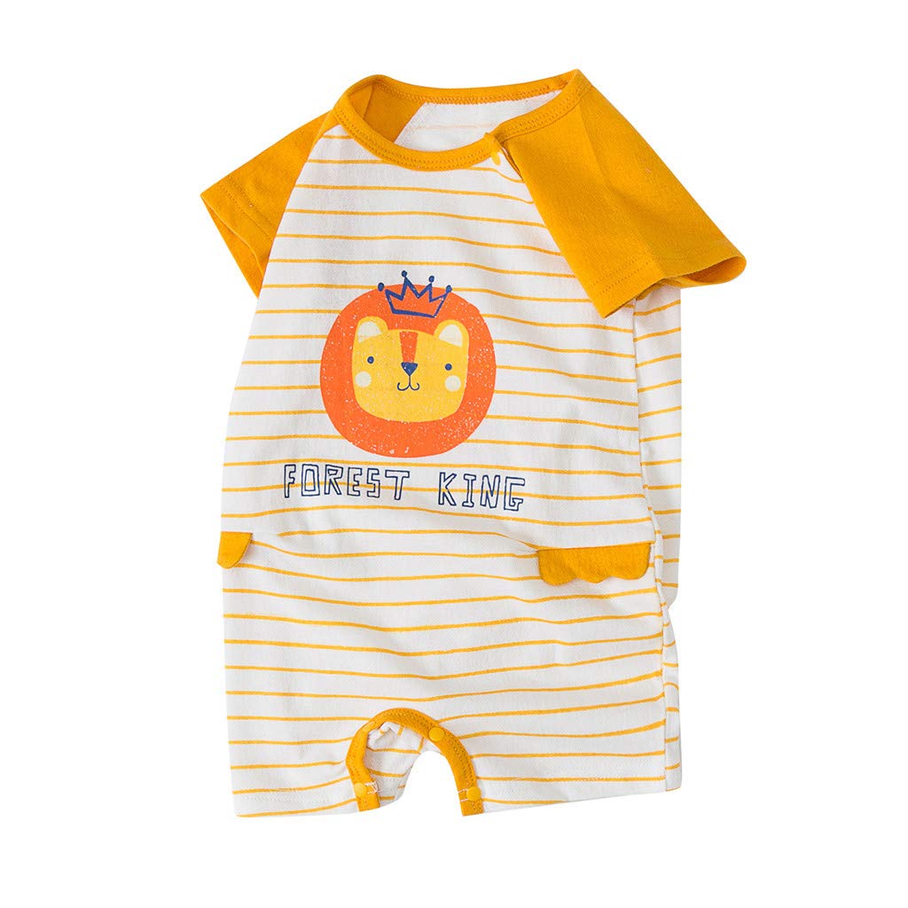 Carolui Newborn Infant Baby Boy Girls Rompers Short Sleeve Cartoon Lion Striped Jumpsuit Pajamas