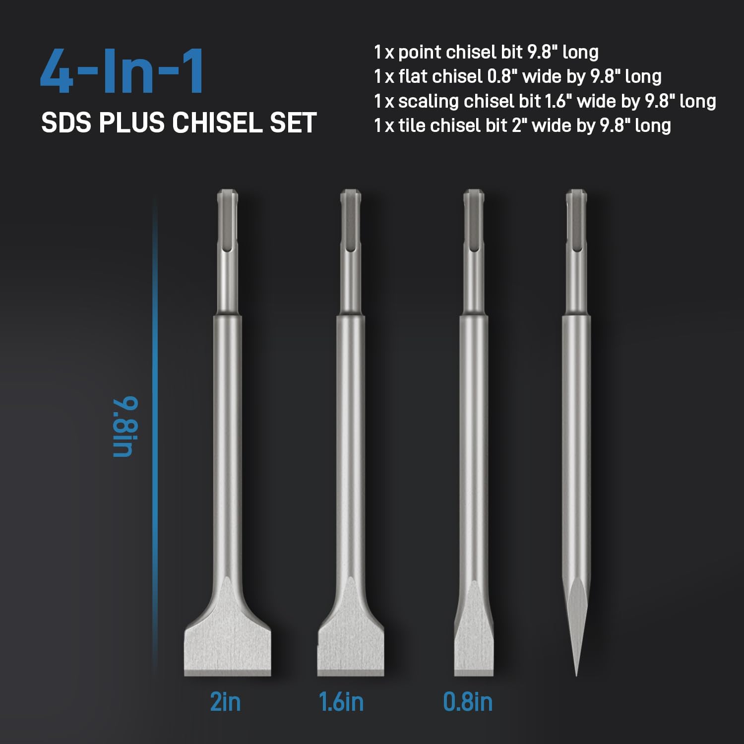 ANDELI SDS-Plus Rotary Hammer Chisel Set, set of 4 including pointed chisel and flat chisel for tile and concrete, brick, cement, and masonry demolition, chipping and grooving