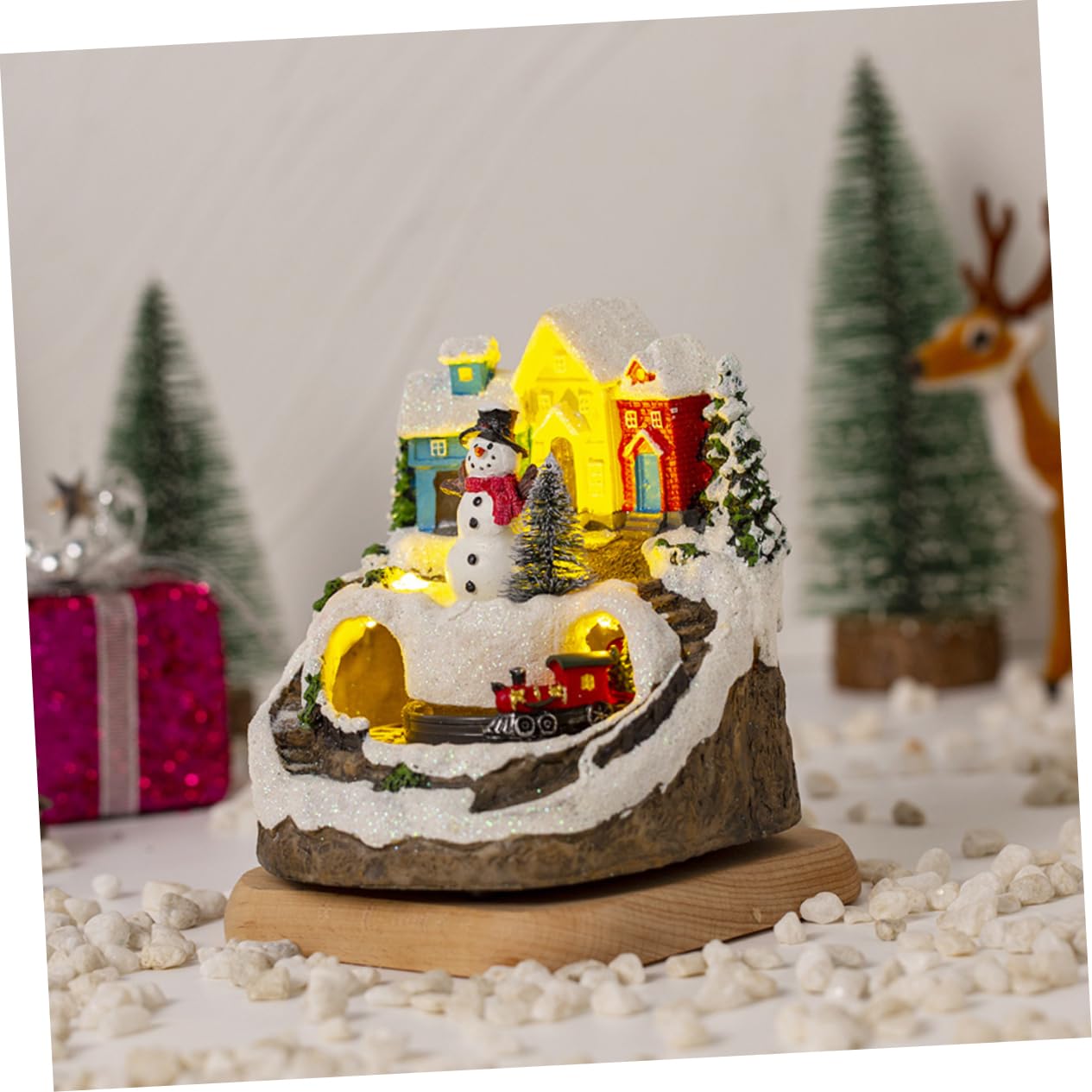 TOPBATHY de Navidad para Parejas Casa de Nieve Iluminada con Música Y Tren Decoración de Casa de Pueblo con Luces Led para Exhibición sobre La Mesa