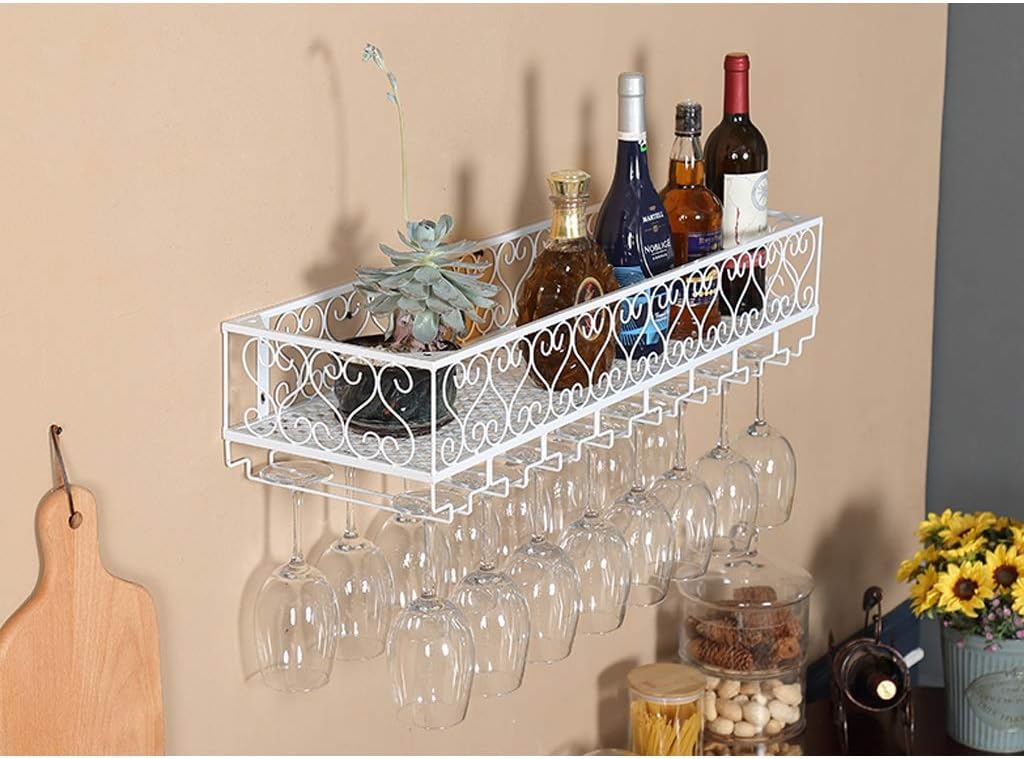 ULAINE Wall Mounted Wine Racks Wall Floating Shelves for Kitchen Bar, Wine Bottle Storage Organizer Holder Wall Wine Glass Stemware Racks, White (Size : 60×25cm(24×10inch))