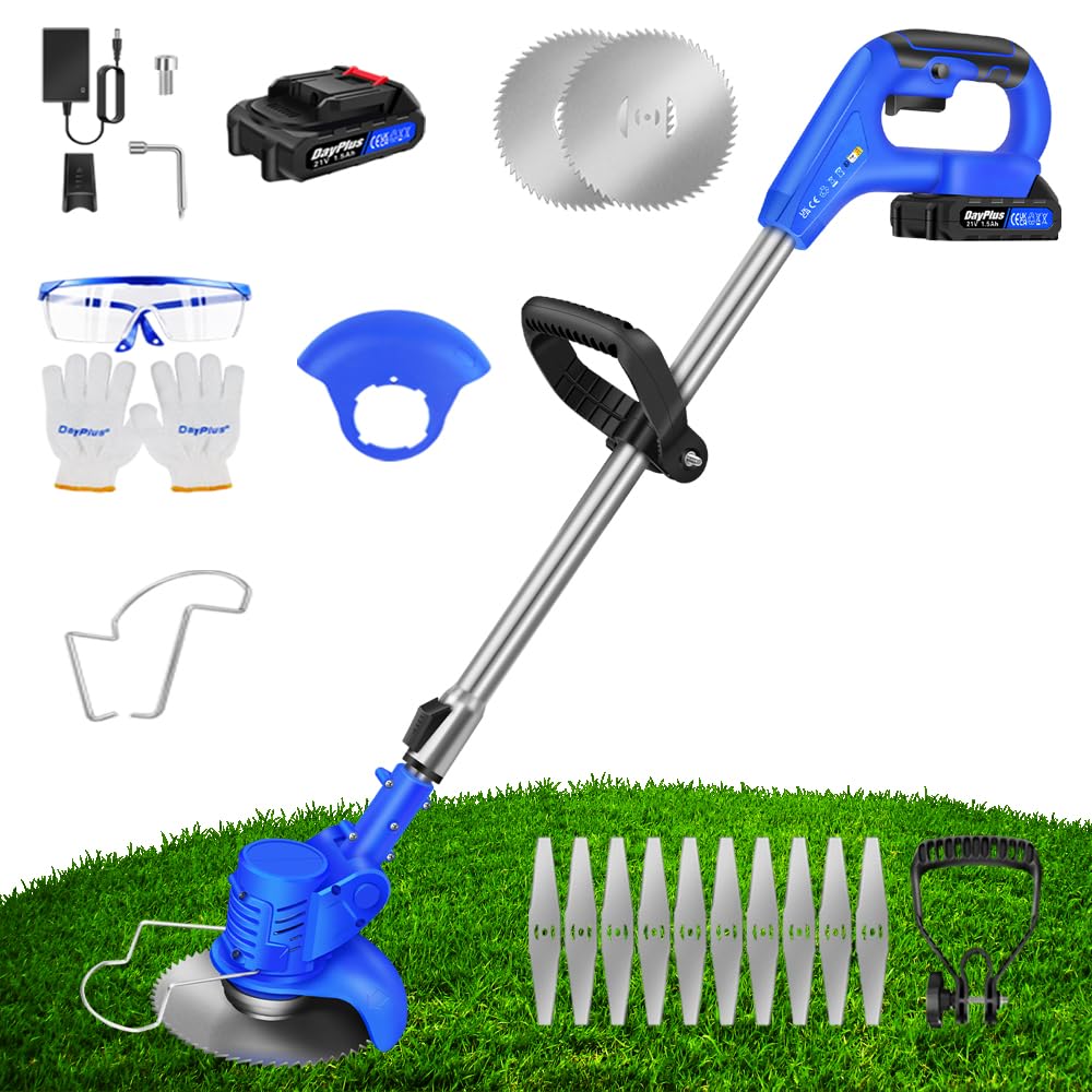 Qimu Metal Blade Cordless Strimmer 21V Garden Strimmer Cordless Electric Grass Trimmers Lightweight Battery Strimmer with 1500mAh Battery, 12 Blades, Height Adjustable Brush Cutter for Garden and Lawn