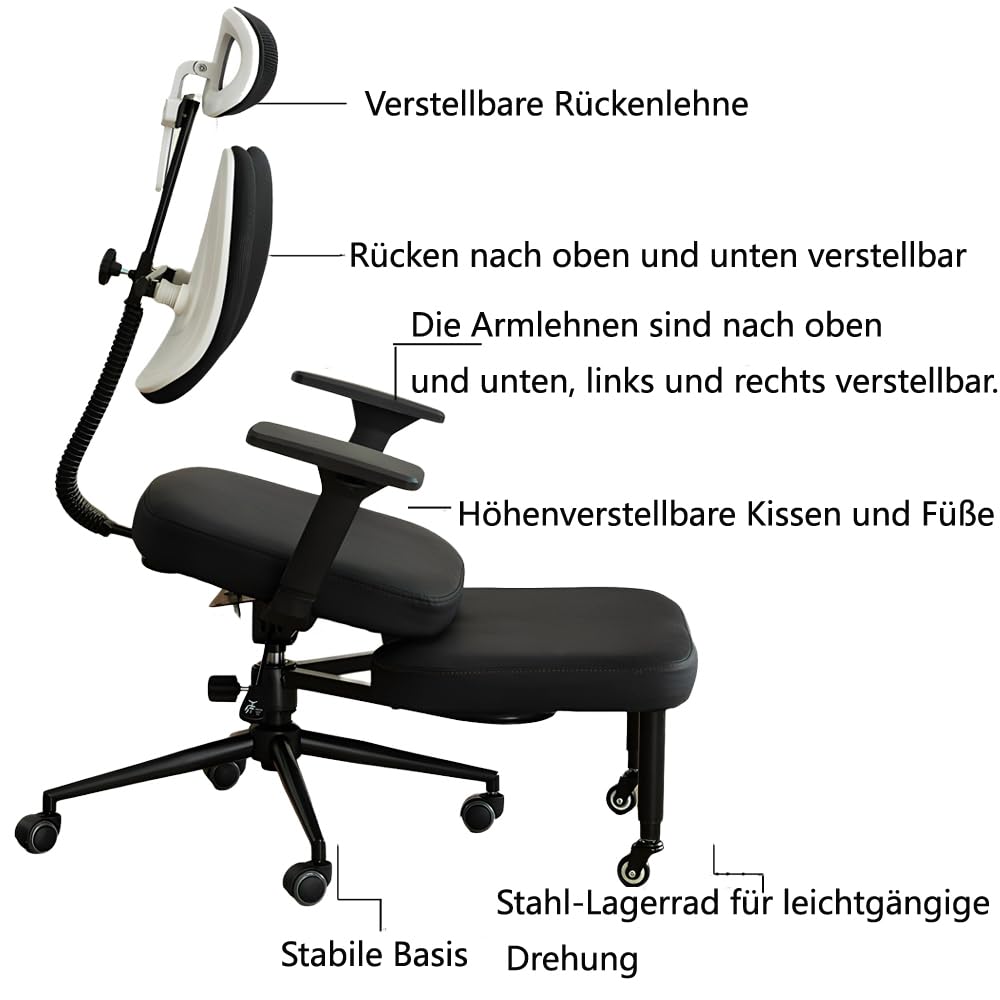 Ergonomischer Kniestuhl mit Rückenlehne, Schwarz, Bürostuhl mit Armlehnen und Fußstütze, Verstellbarer Doppelrücken-Kniehocker auf Rollen