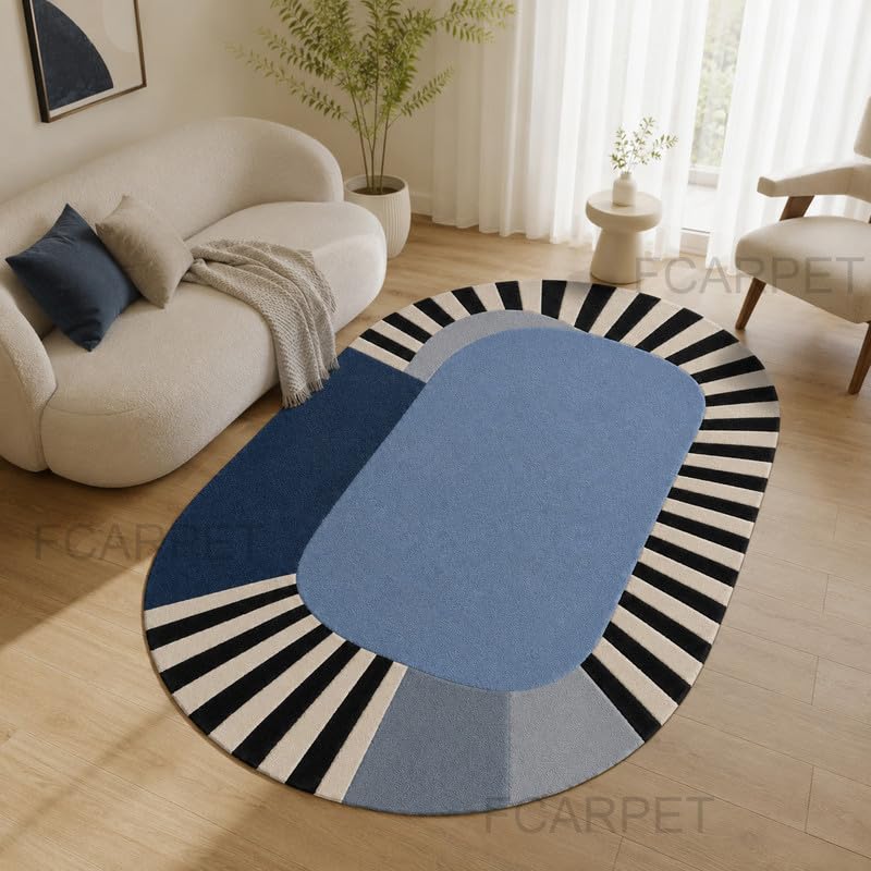 Image of Oval Carpet with Geometric Stripe Border Luxury Wool (Multicolor 5 x 8 feet)